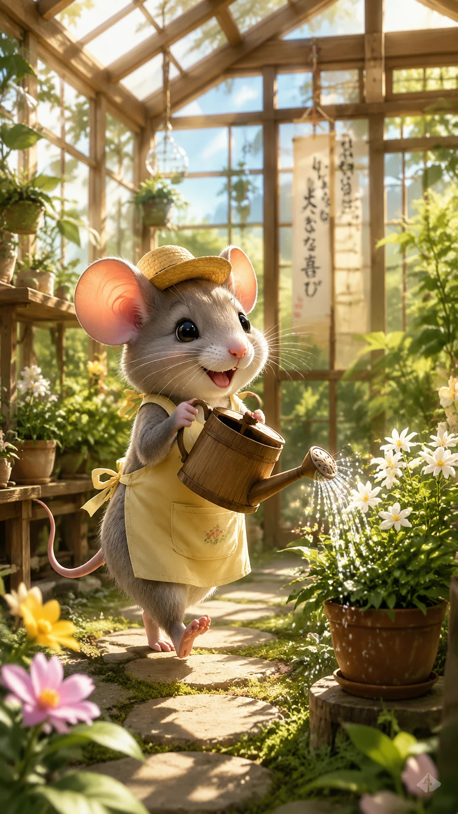 Ratinho jardineiro alegre regando plantas em estufa ensolarada