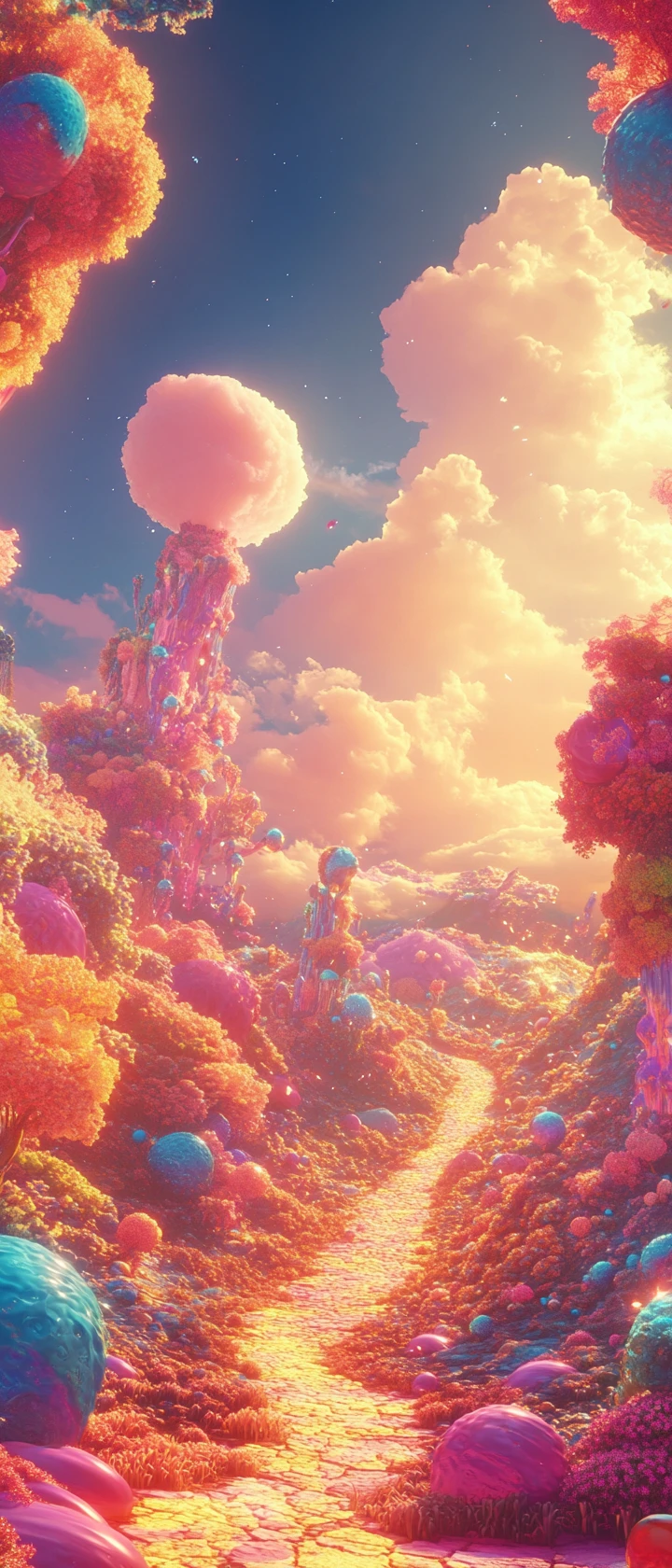 Bright surreal anime landscape with cheerful pastel colors