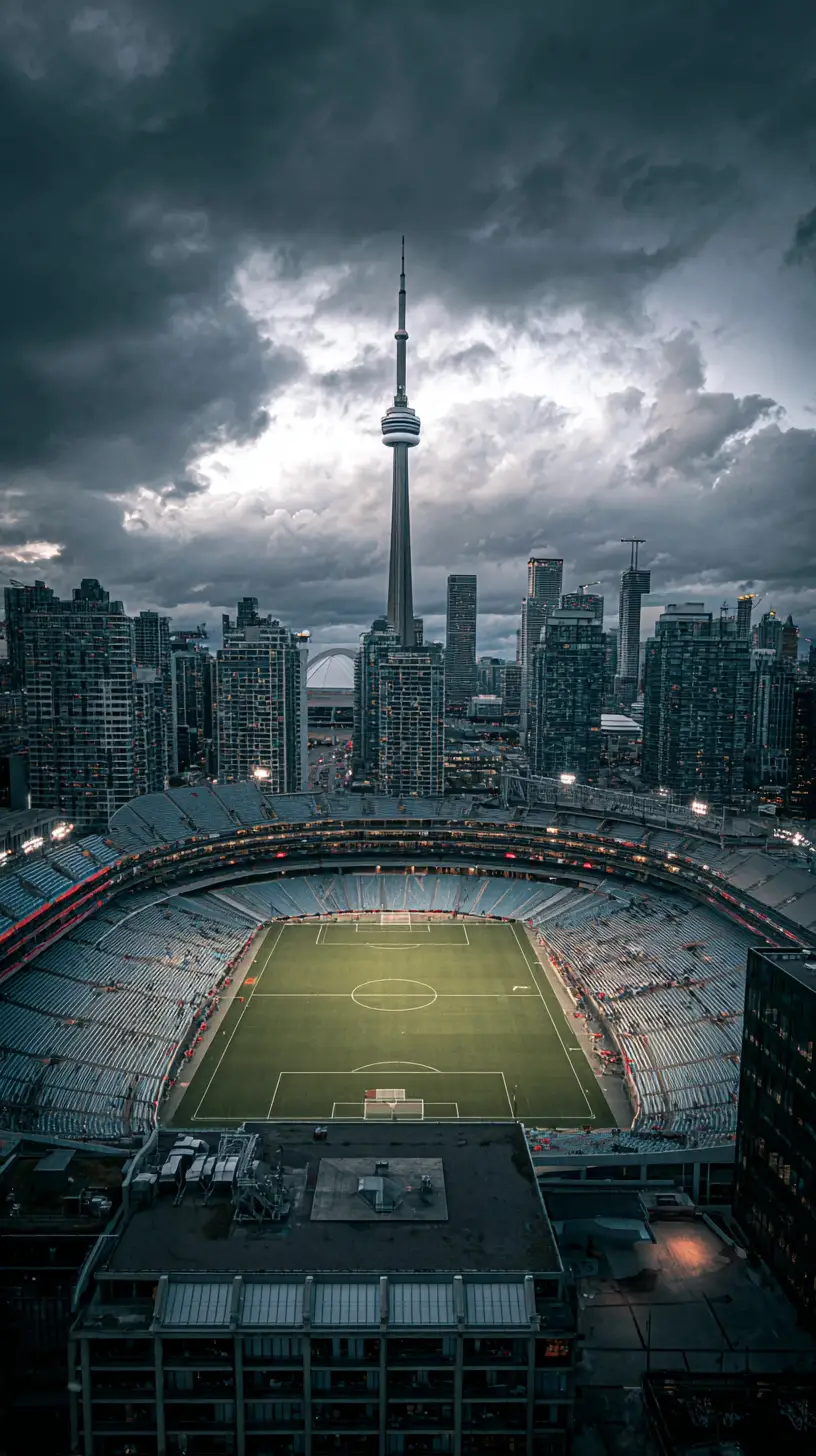 Veduta artistica oscura dello skyline di Toronto accanto allo stadio di calcio