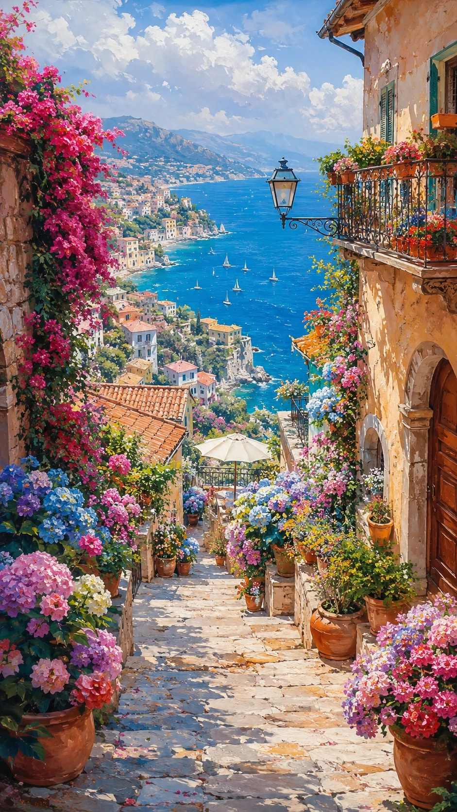 Cidade litorânea mediterrânea na luz de verão em aquarela pastel