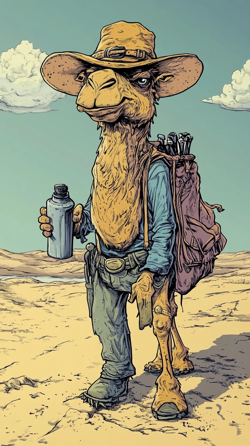 Retrato de gato caubói em desenho animado em um deserto ao luar