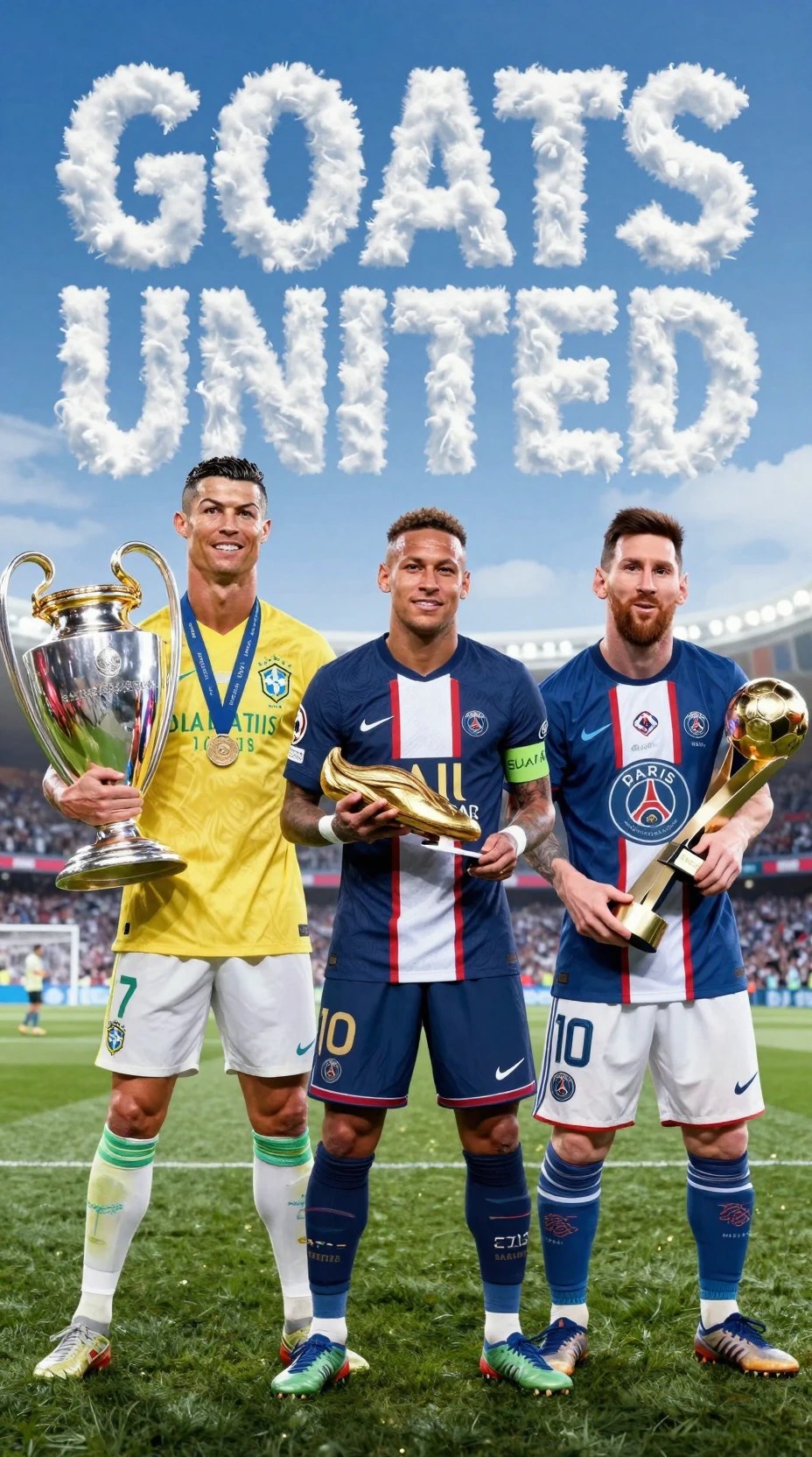 Lendas do futebol celebrando troféus juntas em campo