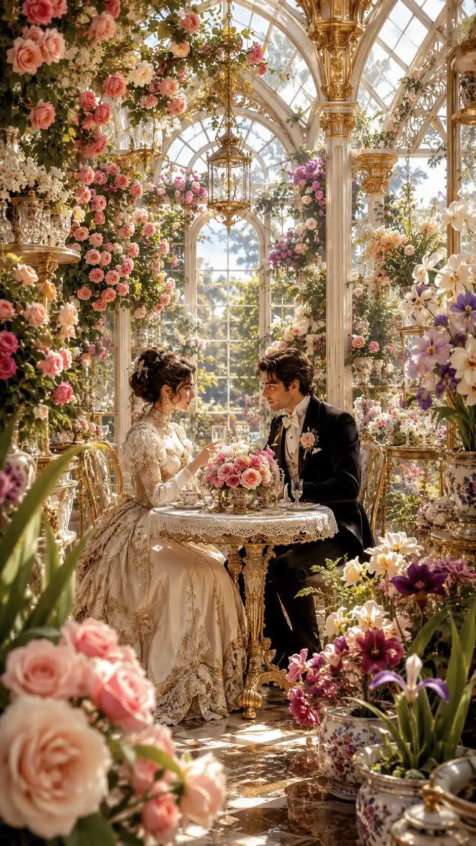 Victorian lovers dining in a sunlit glass greenhouse