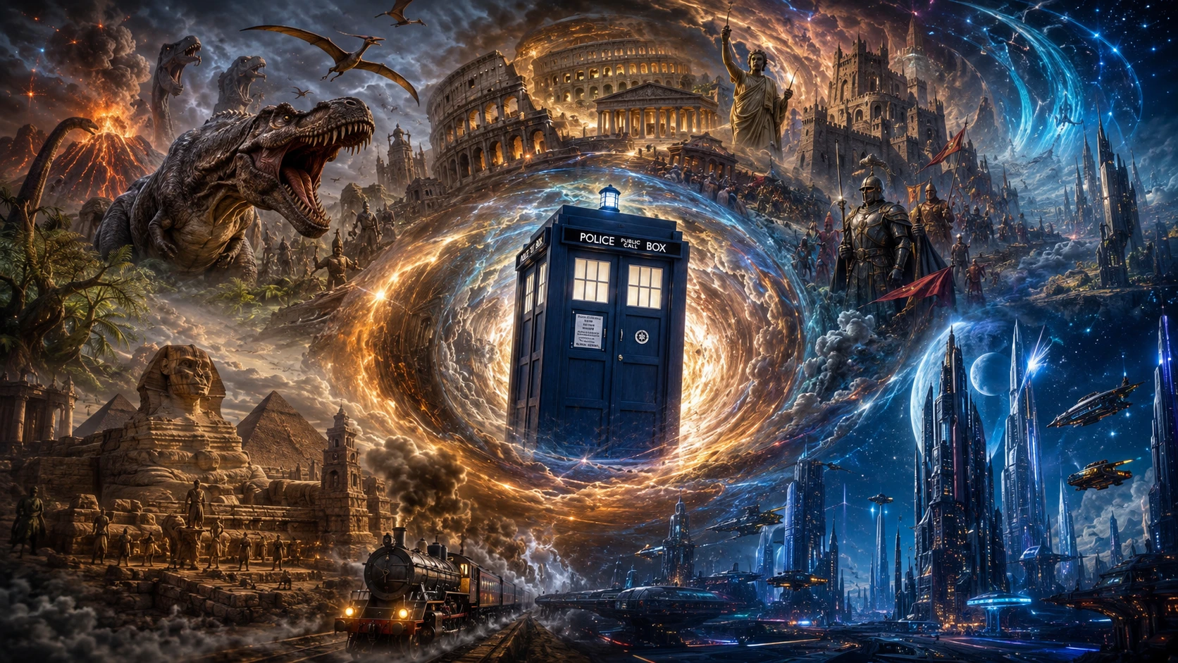 Máquina do tempo viajando por eras em cena de fantasia surreal