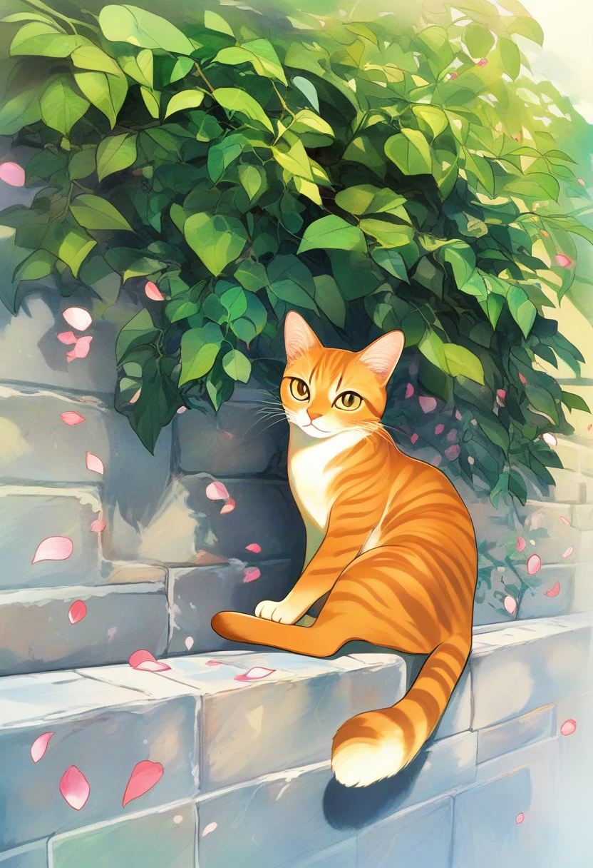 Gato laranja tigrado descansando em um muro de jardim de tijolos cinza