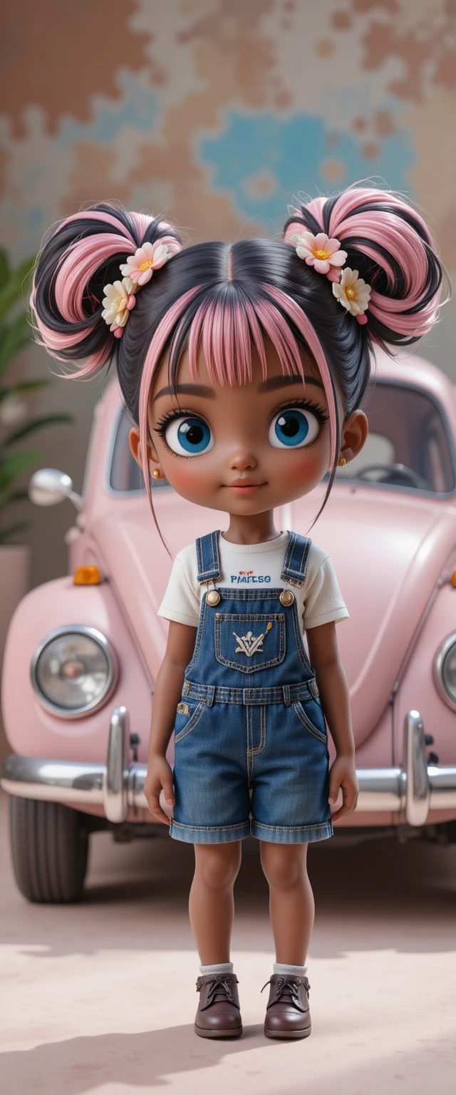 Ragazza chibi con doppi chignon accanto a un Maggiolino retrò