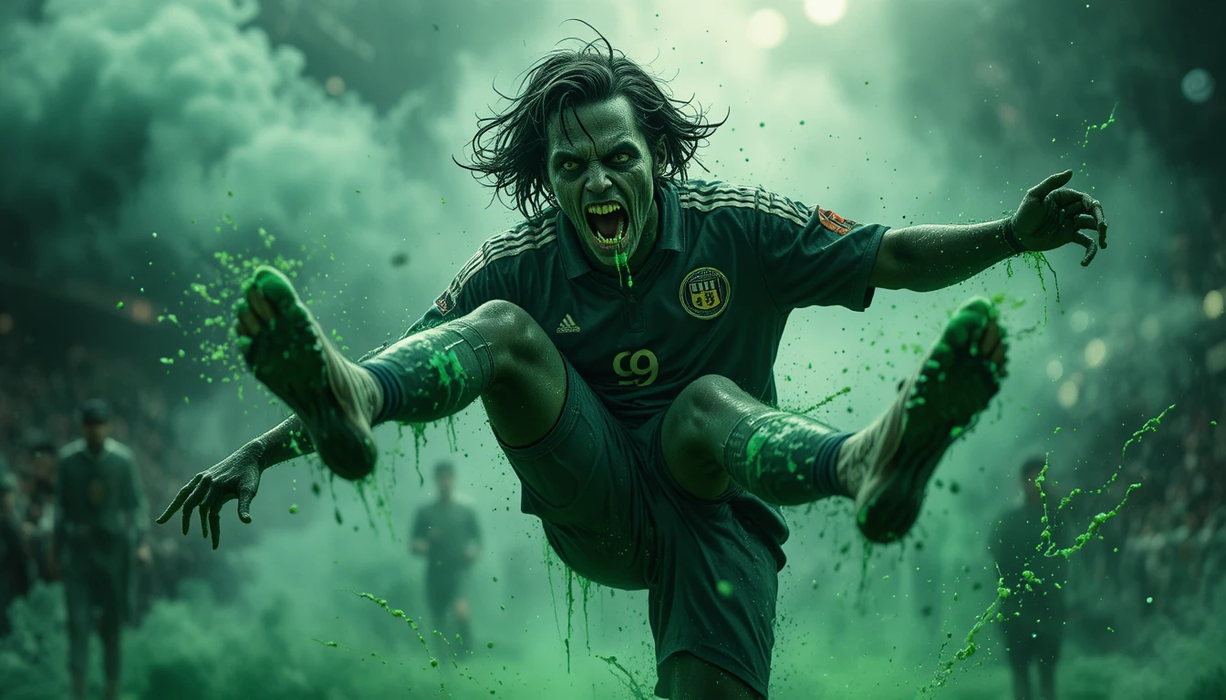 Zombie-Fußballer mit Flugkick in dramatischer Nahaufnahme