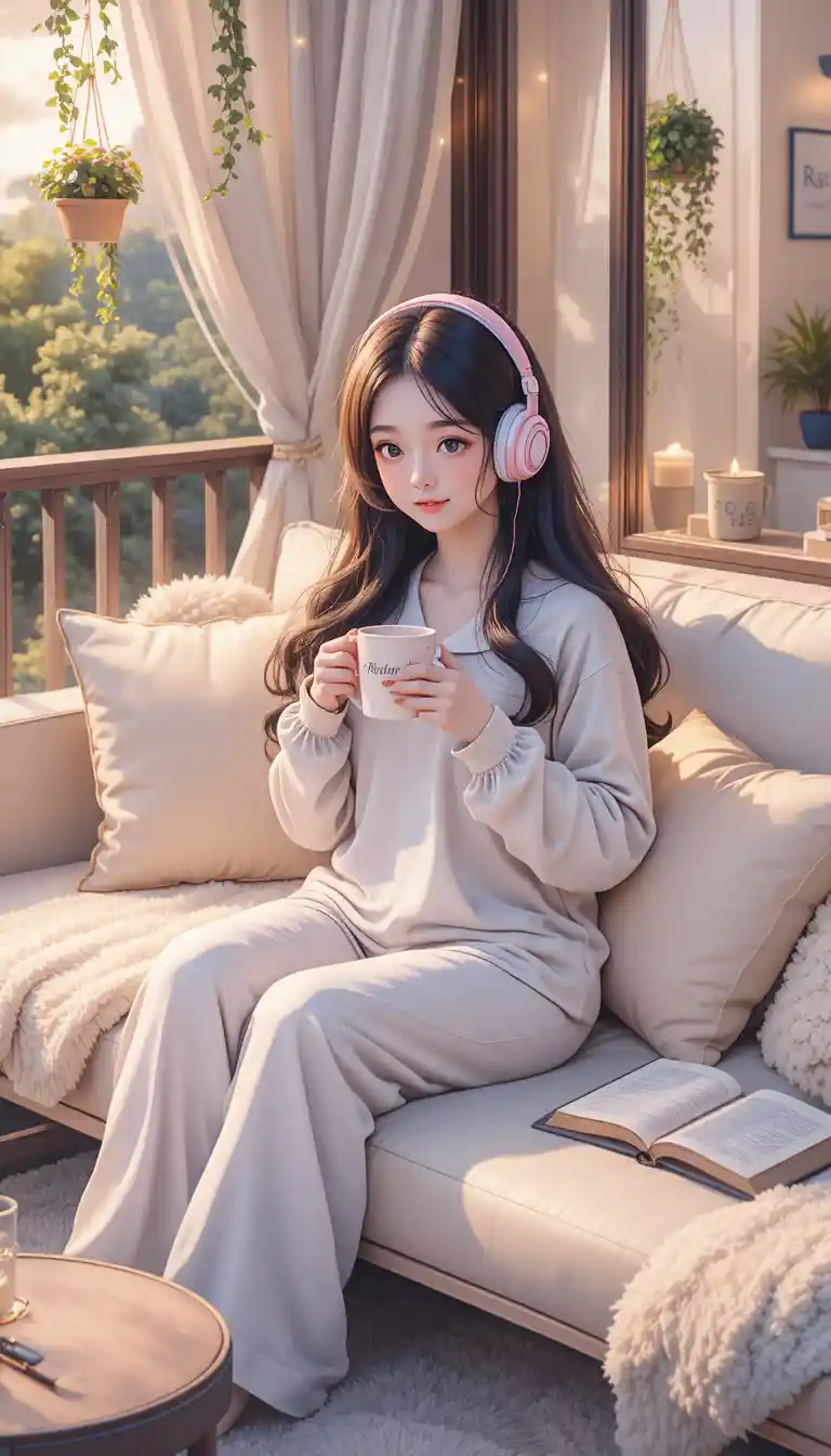 Ragazza anime che si rilassa con un caffè su un balcone accogliente