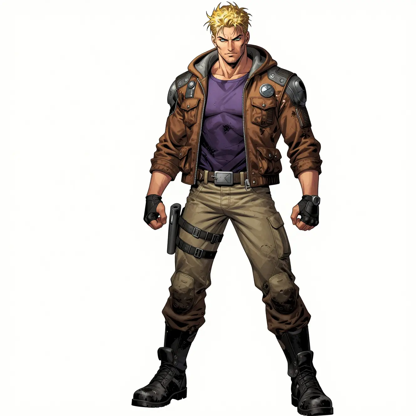 Robuster Sci‑Fi‑Held mit geflickter Jacke und Holster