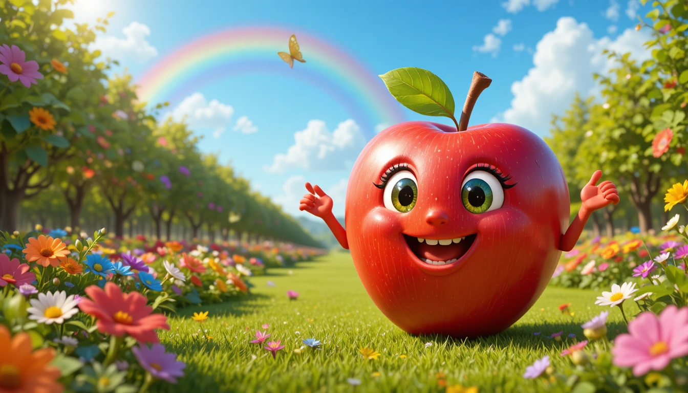 Personagem de Maçã Vermelha Sorridente em Pomar Ensolarado