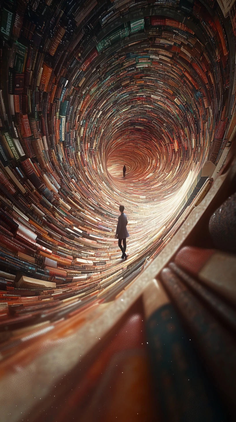 Sentiero surreale di libri che serpeggia in un vuoto oscuro