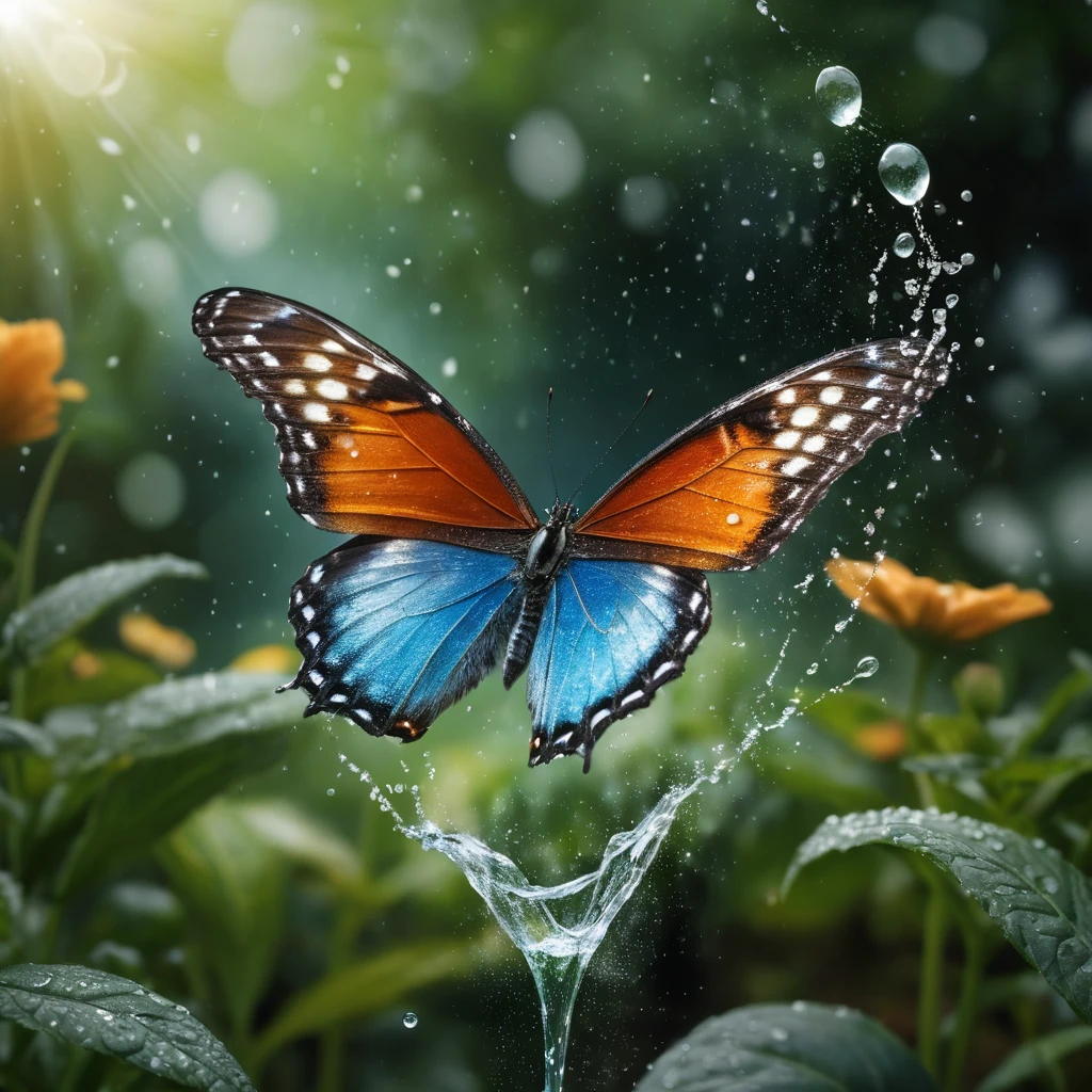 Papillon d’eau volant à travers un jardin vibrant