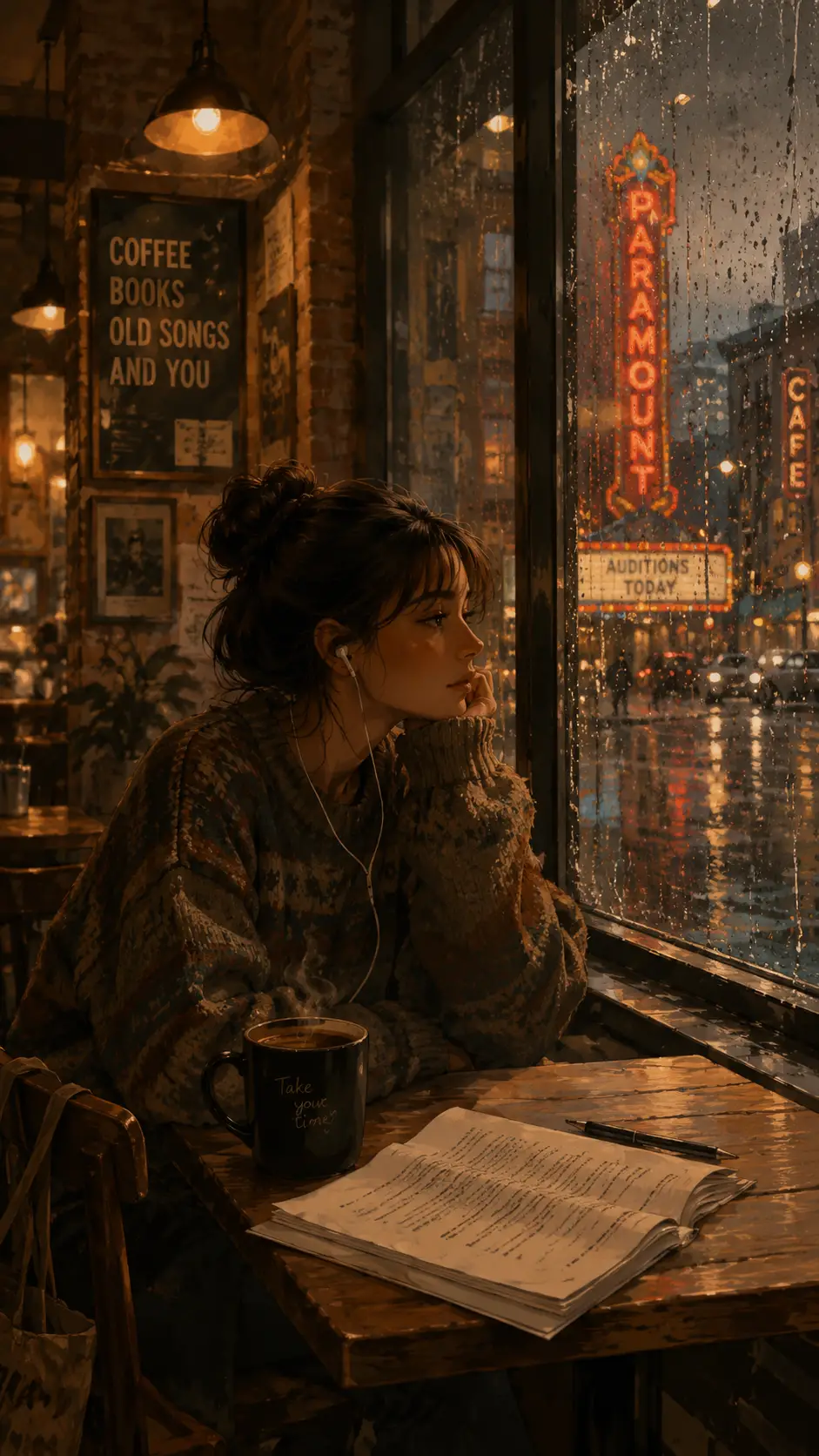雨天咖啡館裡閱讀劇本頁的年輕女子