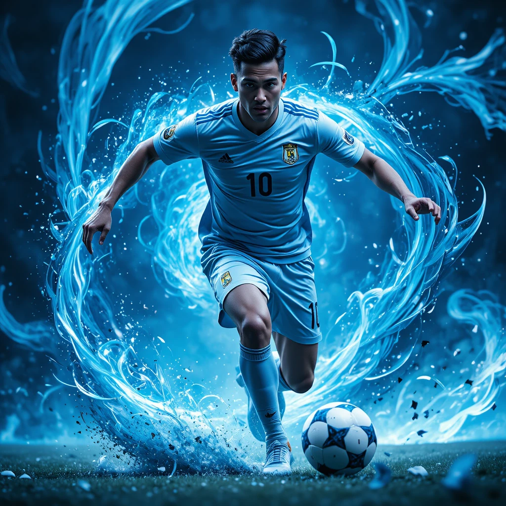 Jogador de futebol driblando em meio à energia azul em espiral