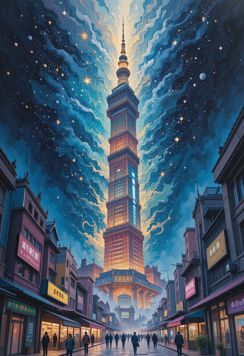 Grattacielo di Taipei che si innalza verso un cielo notturno cosmico pastello