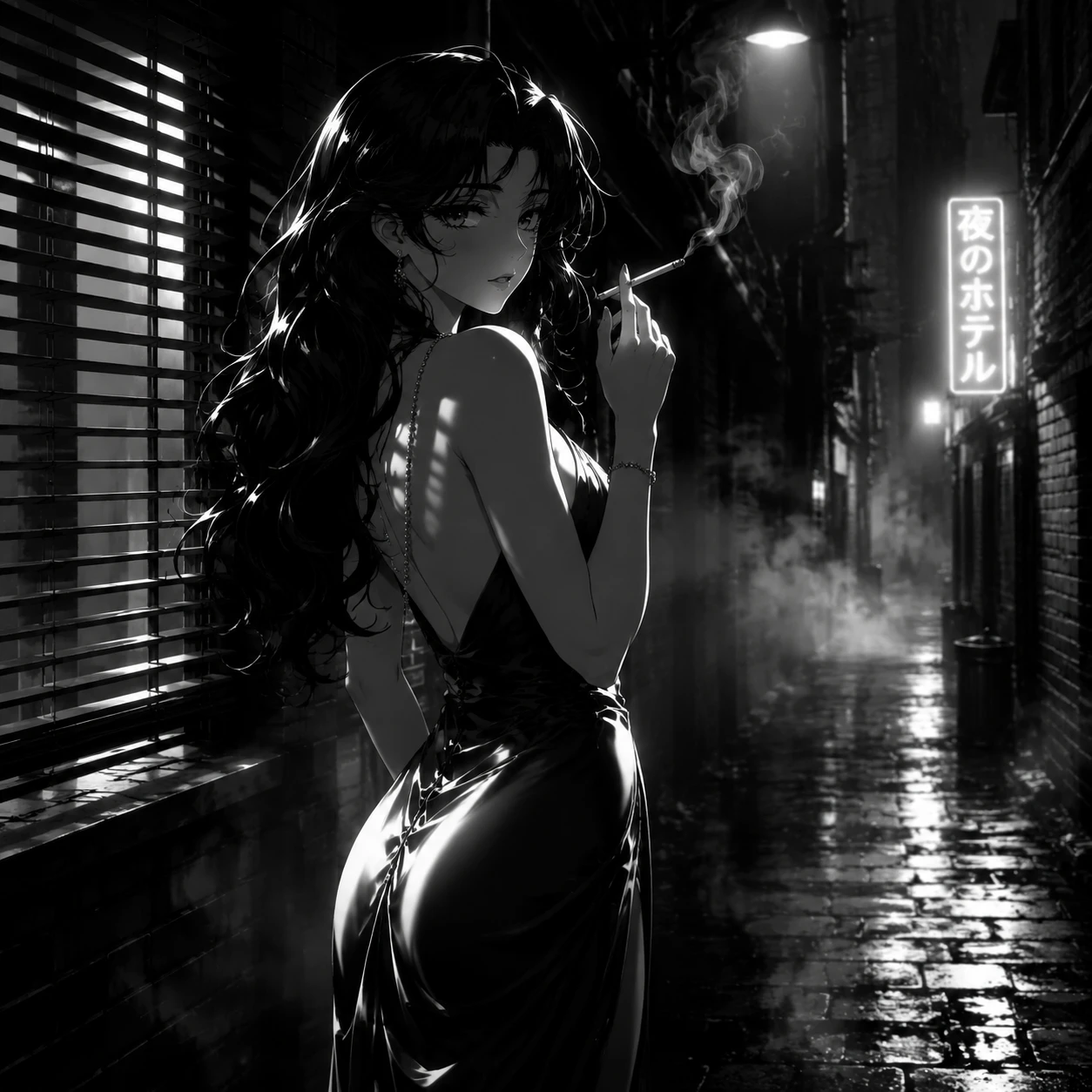 Femme anime noir debout dans une ruelle de ville sous la pluie