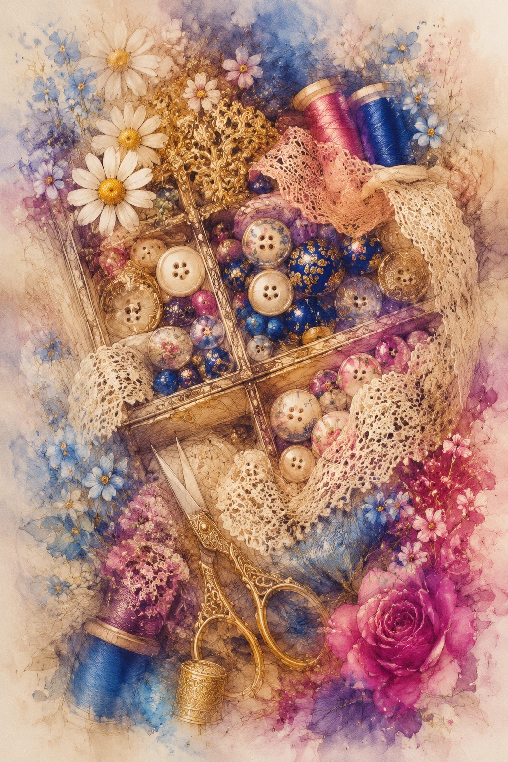 Scatola da cucito nostalgica in primo piano con bottoni e fiori
