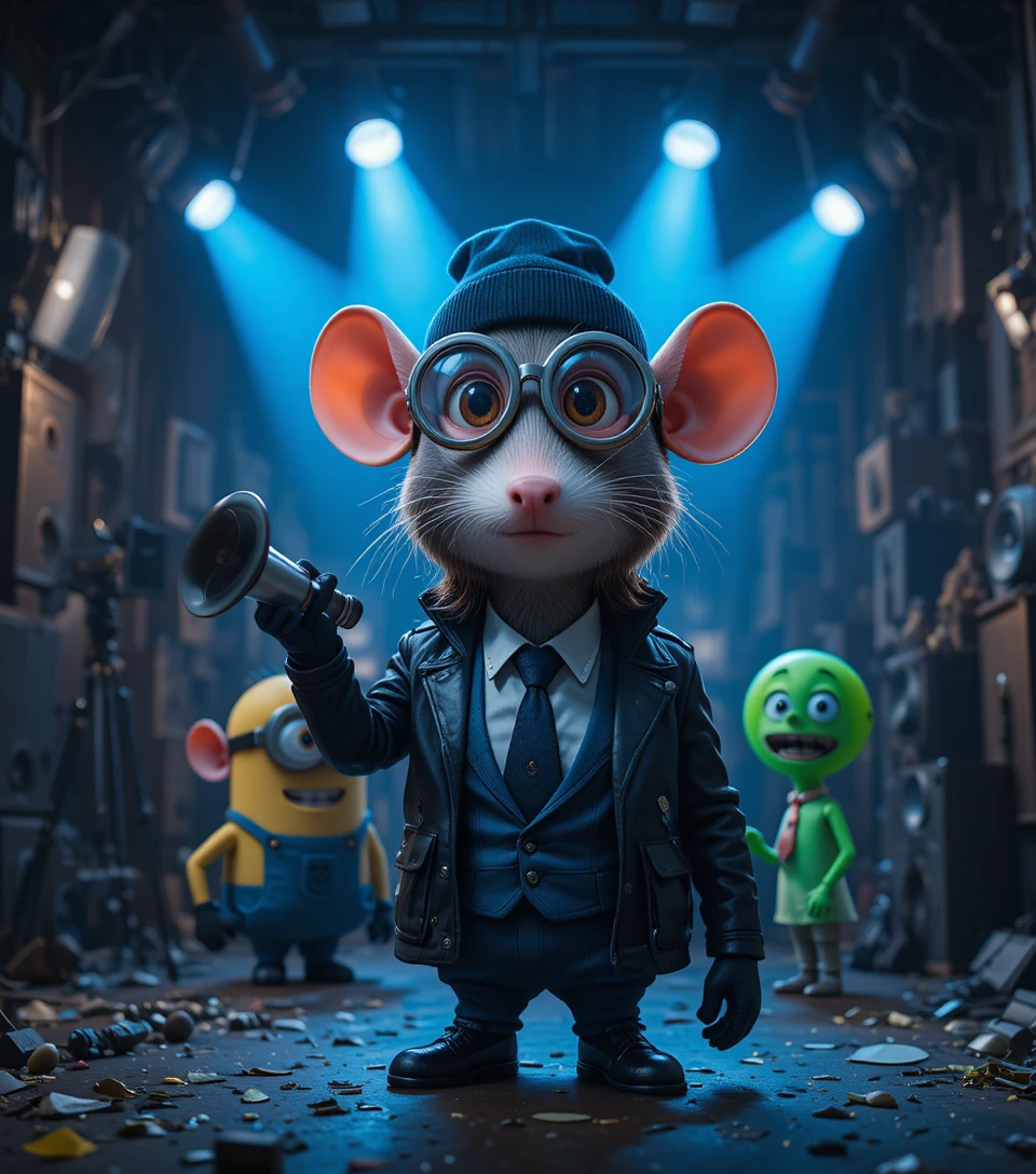 Personaggi cartoon su un set cinematografico buio con attrezzatura vintage
