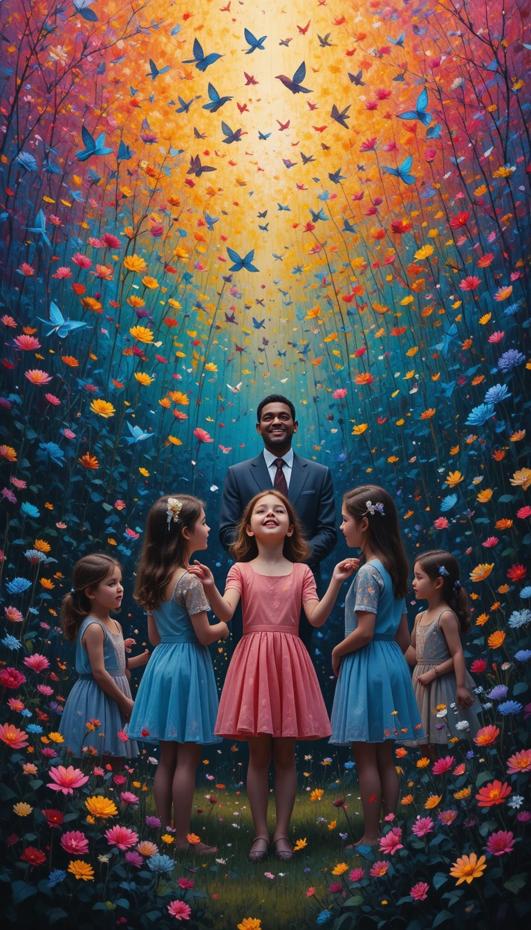Des enfants regardent de colorés papillons s’élever au-dessus d’un champ de fleurs