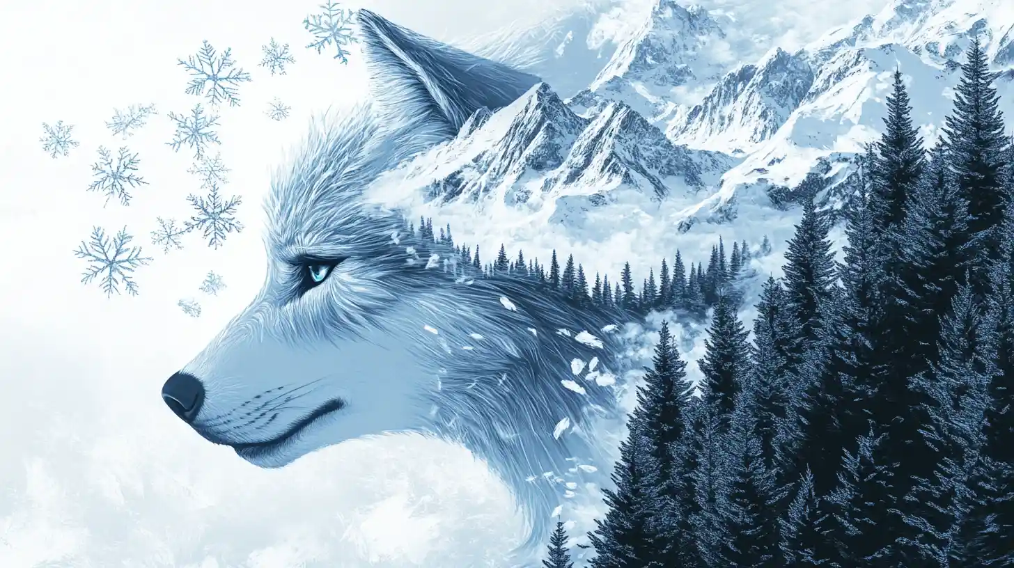 由白雪與群山構成的超現實狼與女子