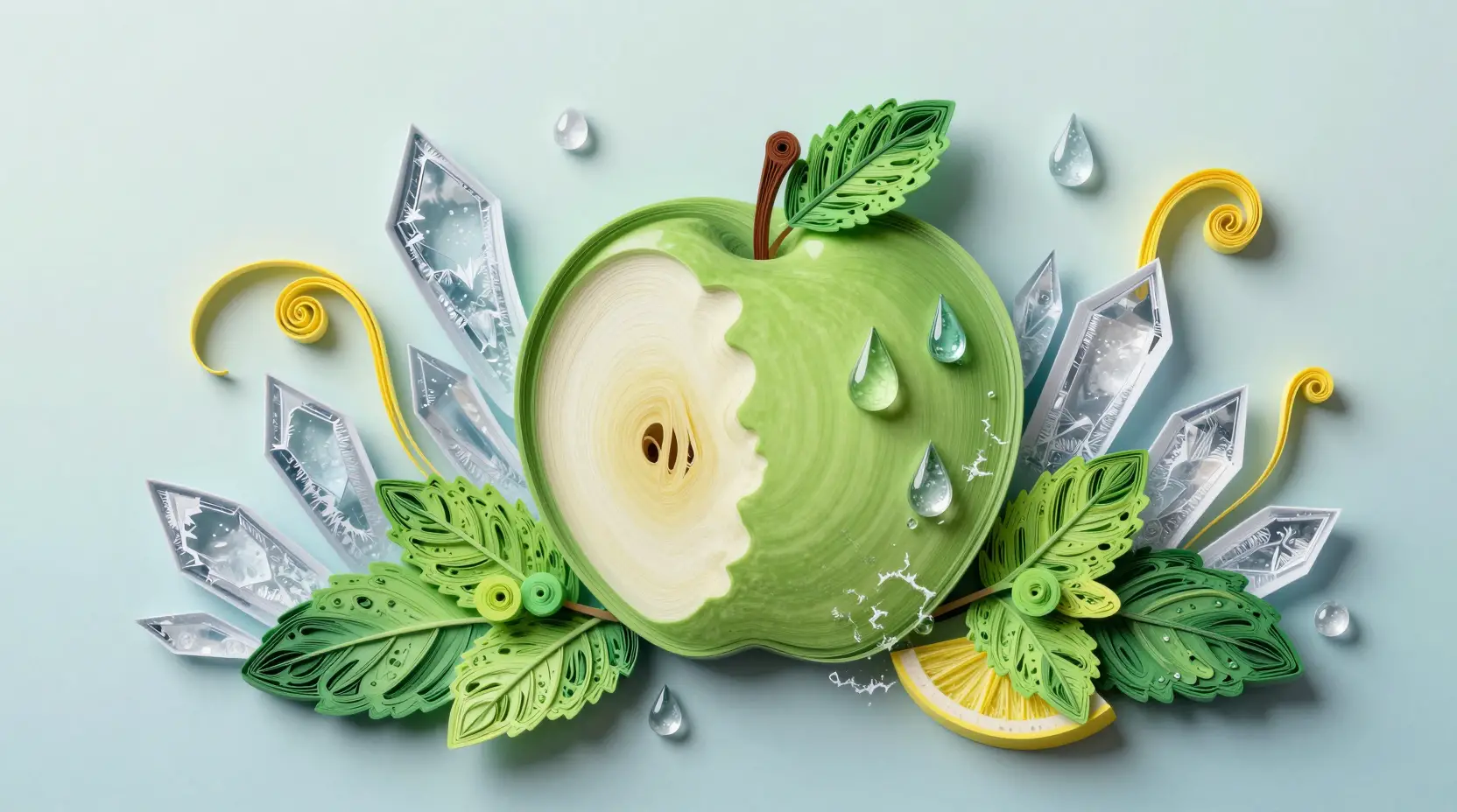 Pomme en quilling de papier avec feuilles de menthe et éclats de glace