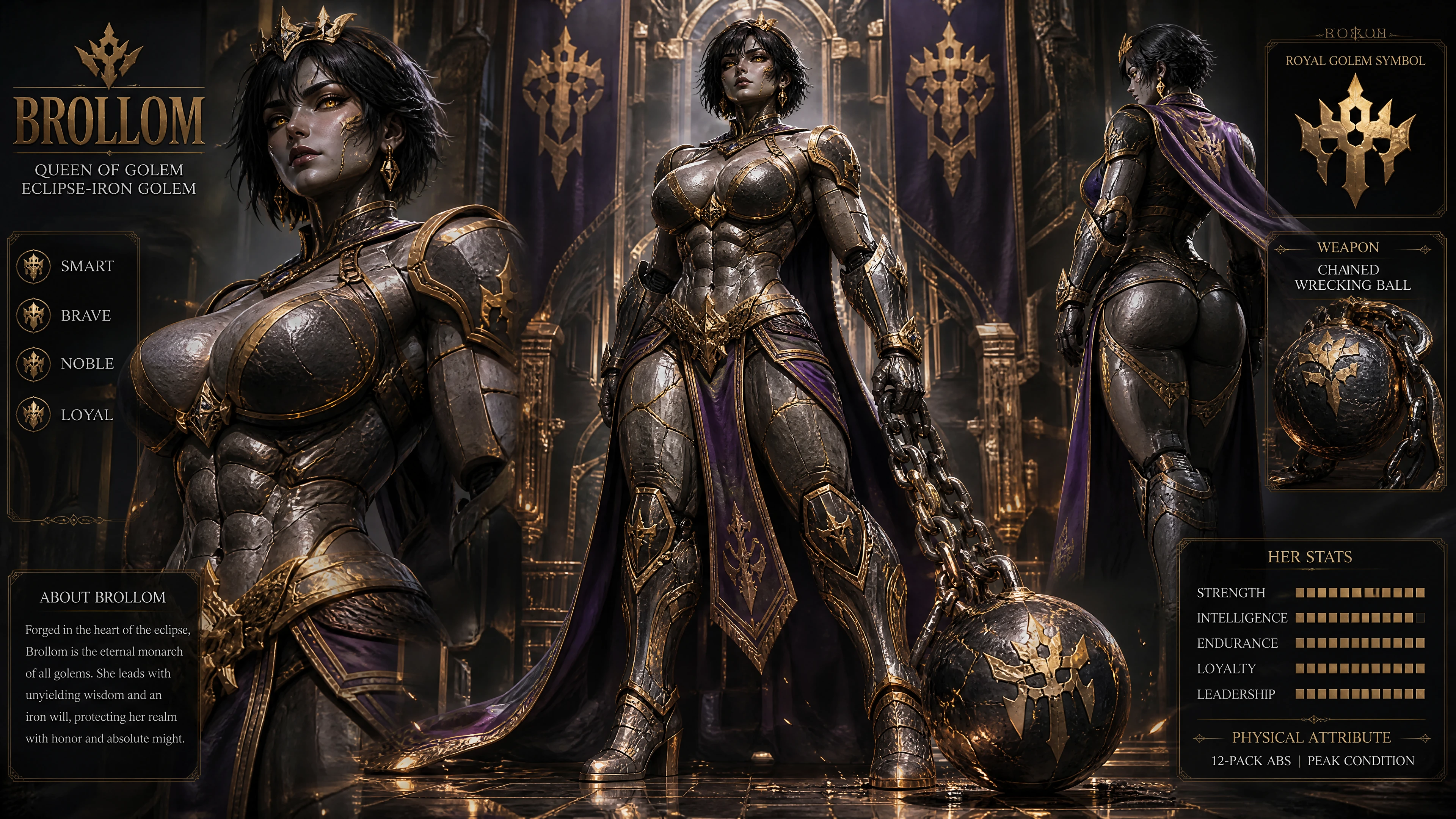 Regal female golem queen with short black hair and gold eyes