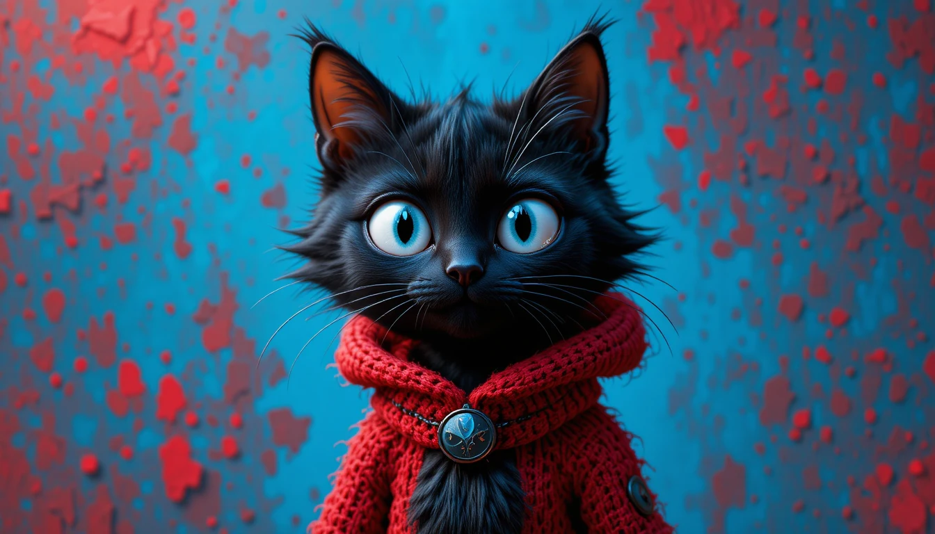 Chat noir aux grands yeux blancs sur fond bleu illustré