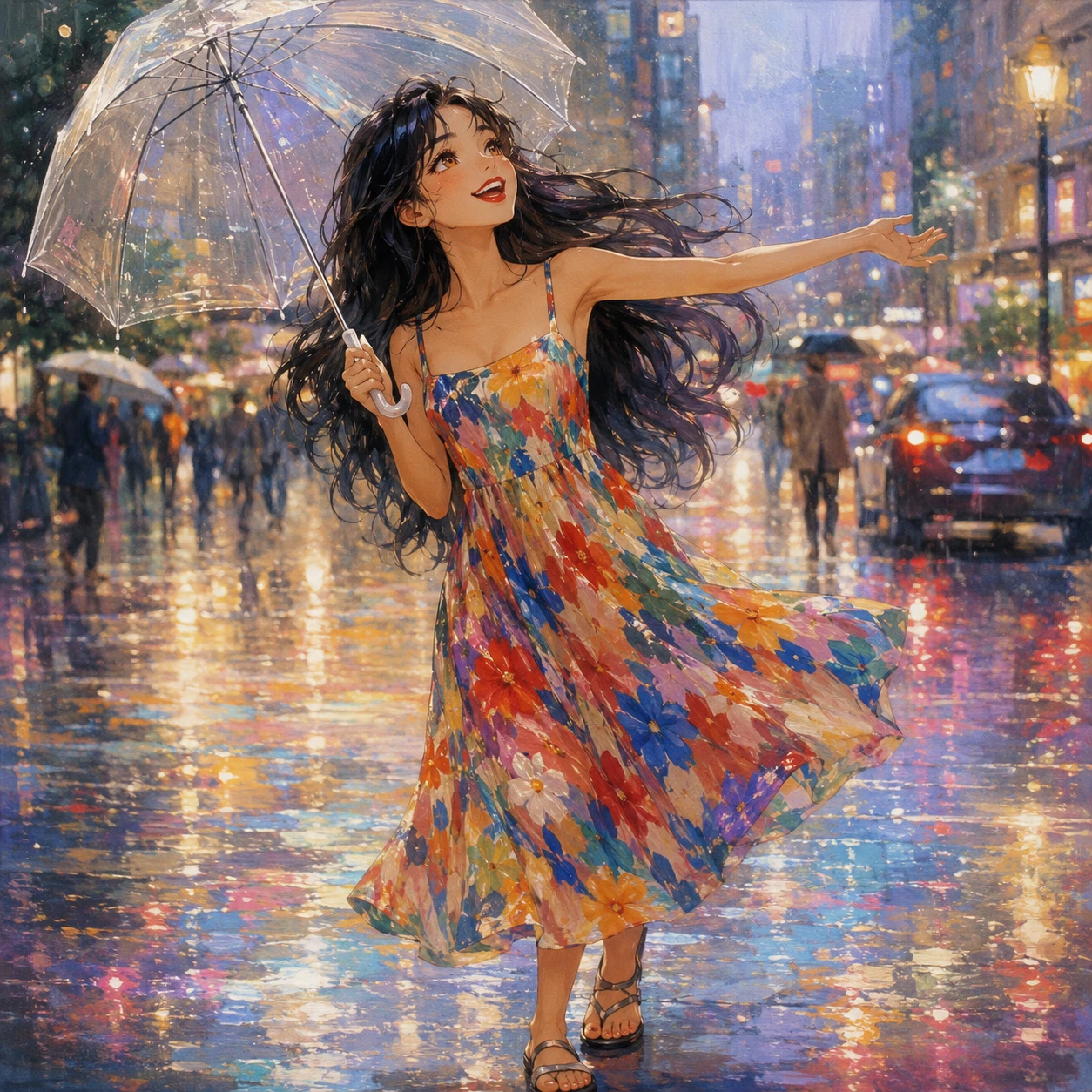 Garota alegre dançando com guarda-chuva em rua chuvosa da cidade