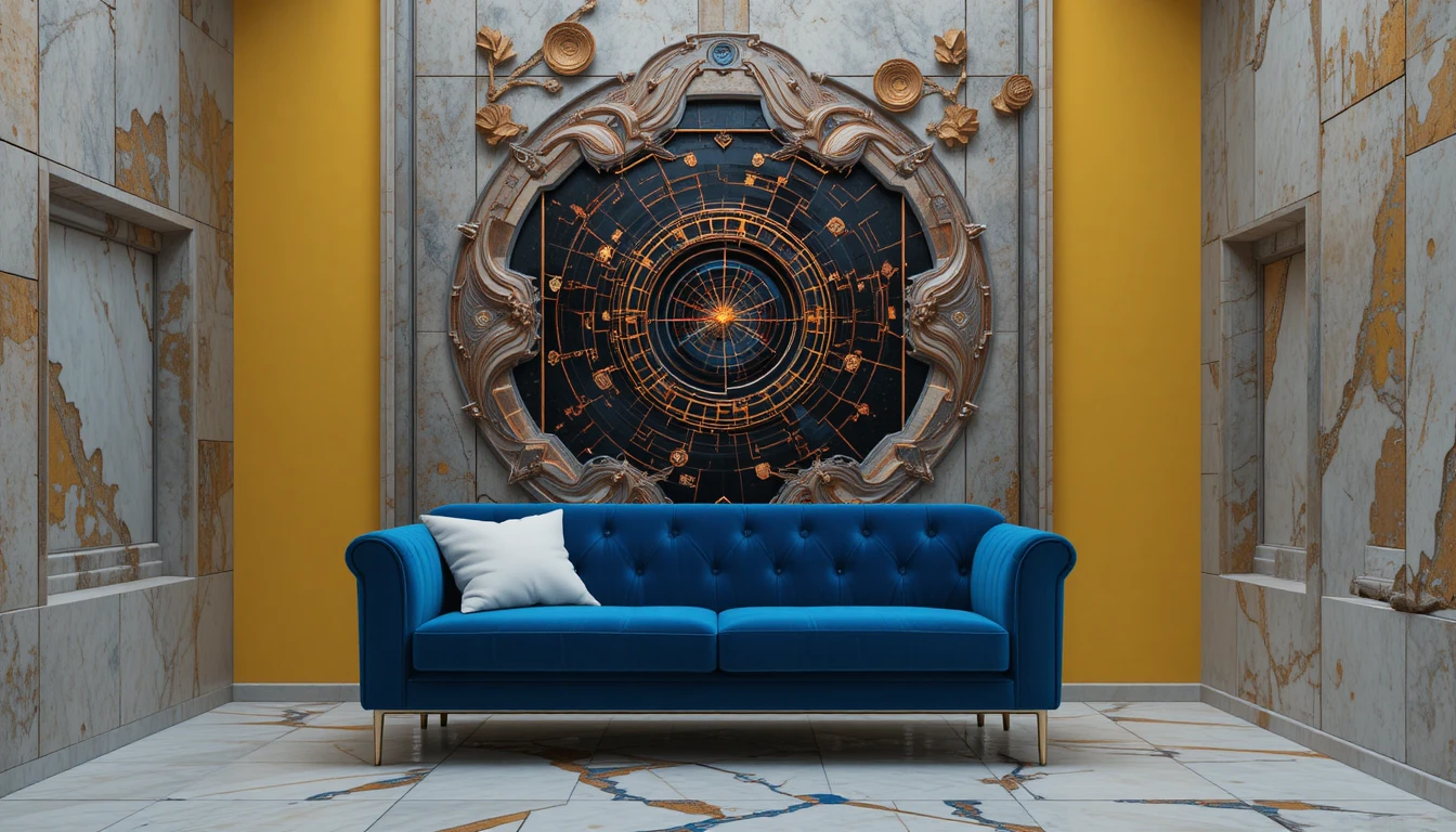 Sofá de veludo azul em sala amarela com portal para paisagem