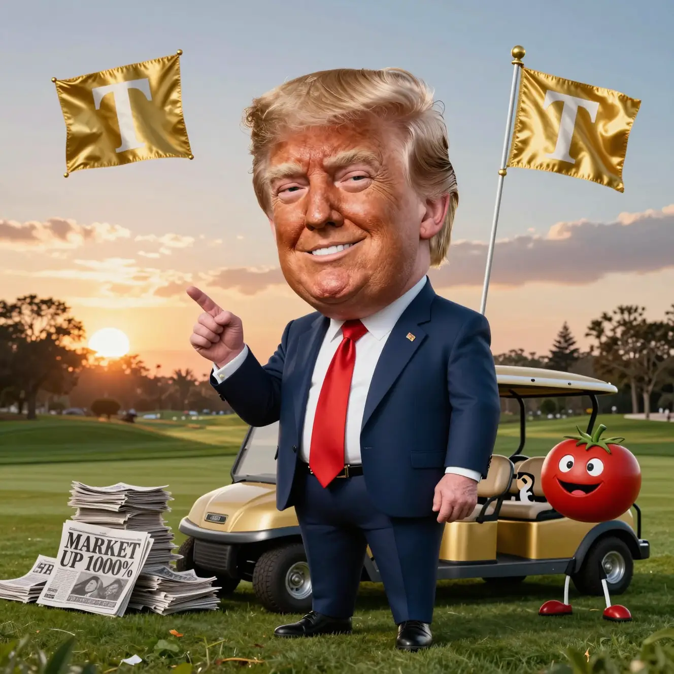 Caricature d’un politicien milliardaire sur un terrain de golf de luxe