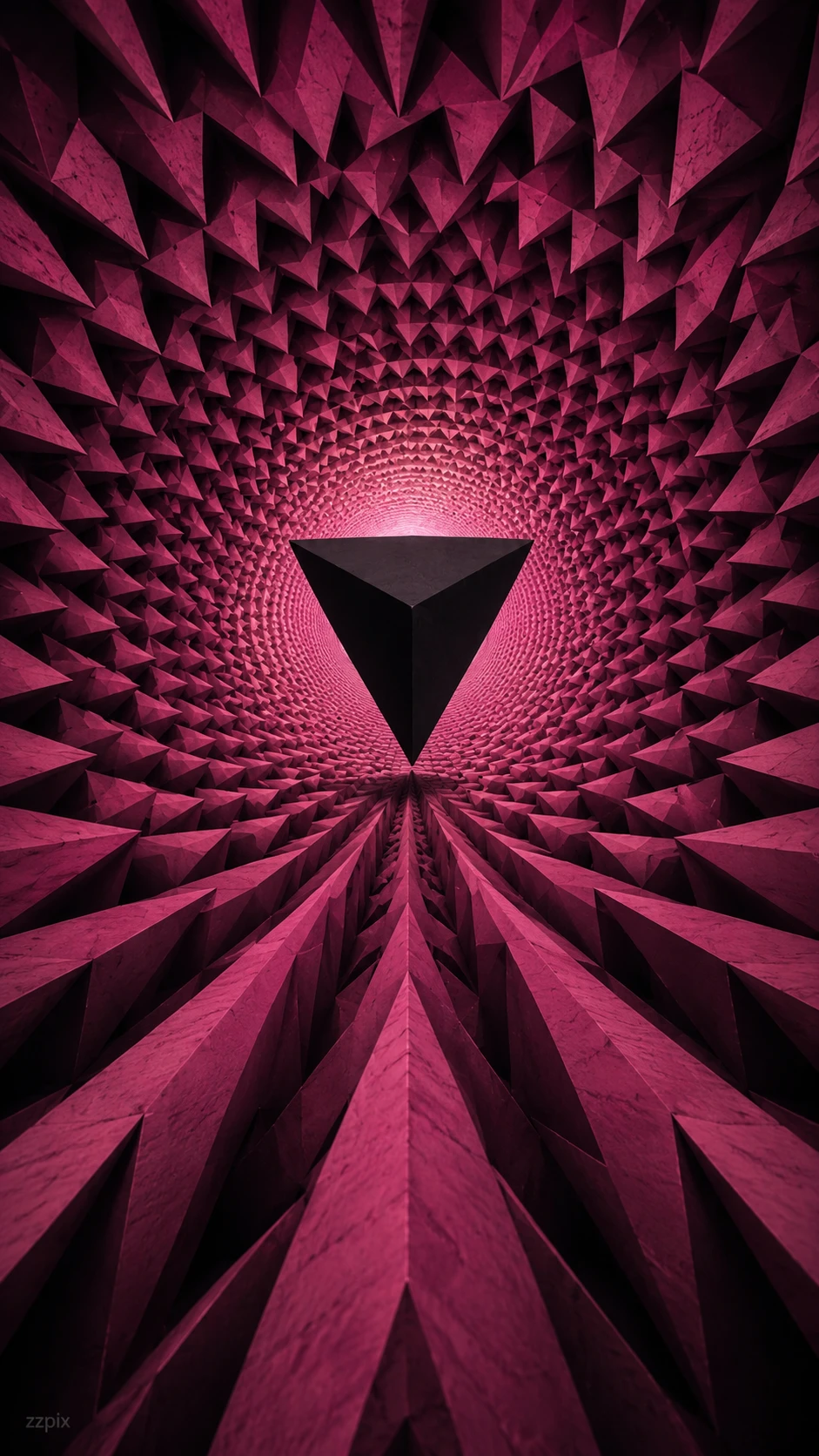 Vórtice geométrico rosa espiralando para um vazio negro central