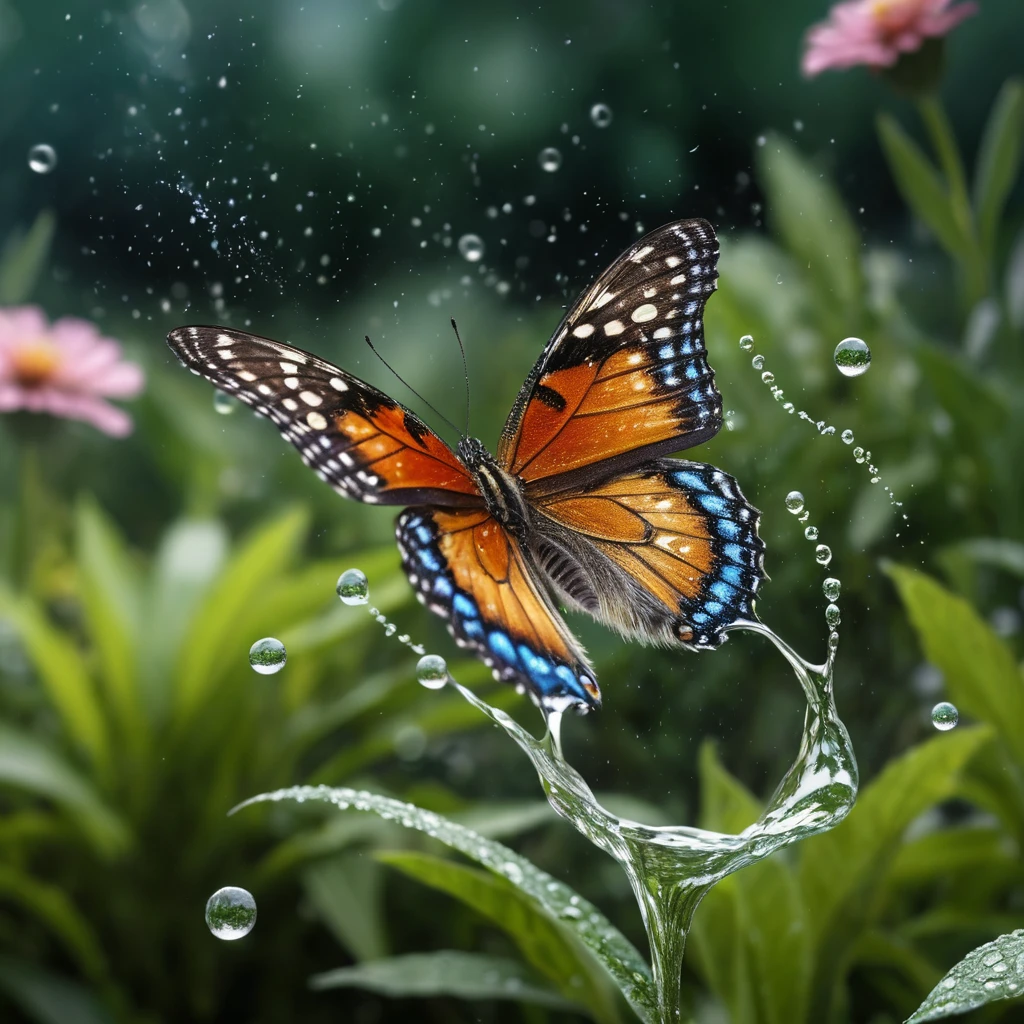 Borboleta de água voando graciosamente por um jardim exuberante