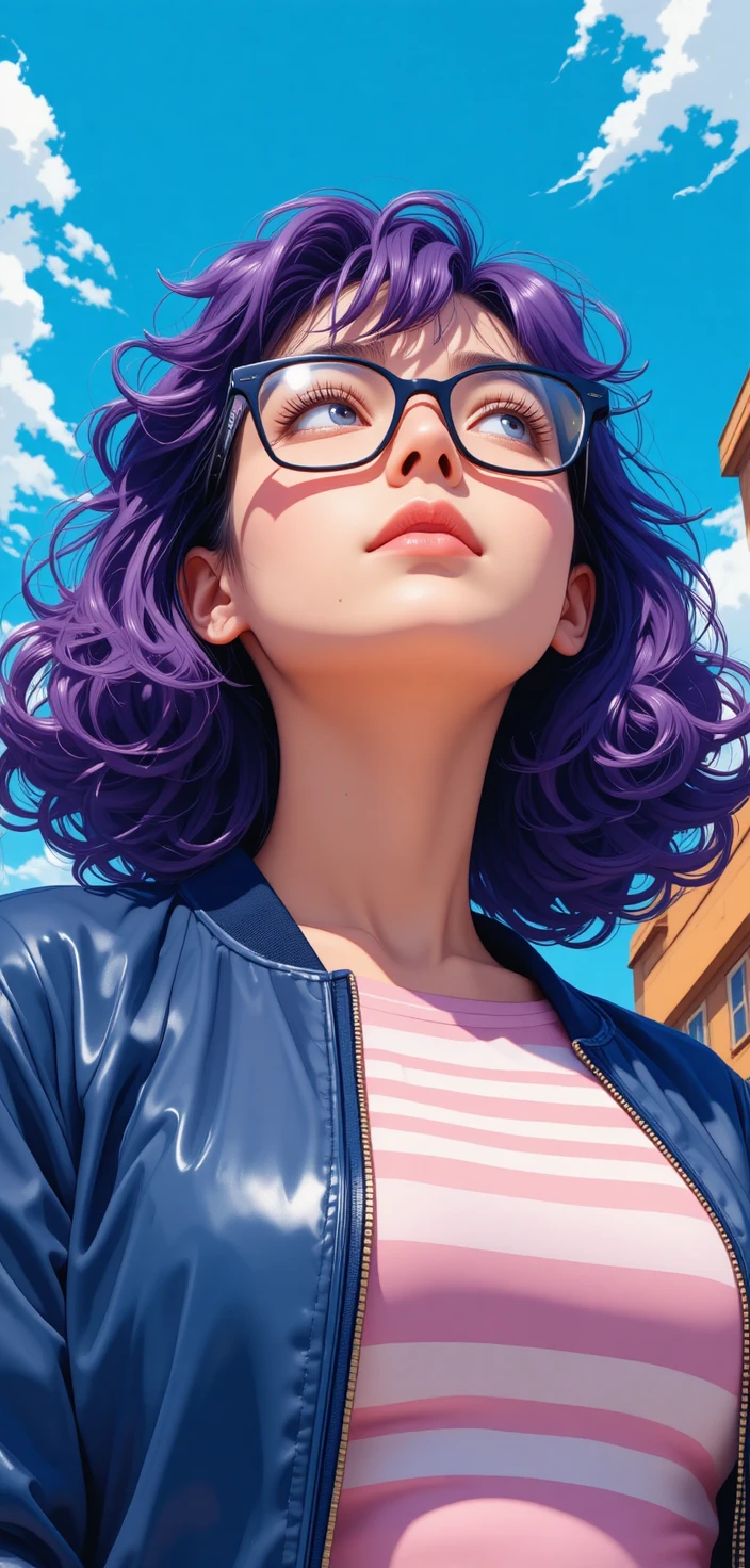 Jovem de cabelo roxo olhando esperançosamente para o céu