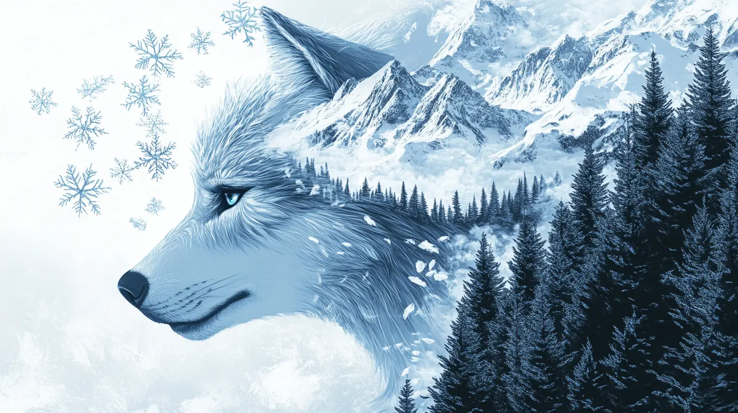 由白雪與群山構成的超現實狼與女子