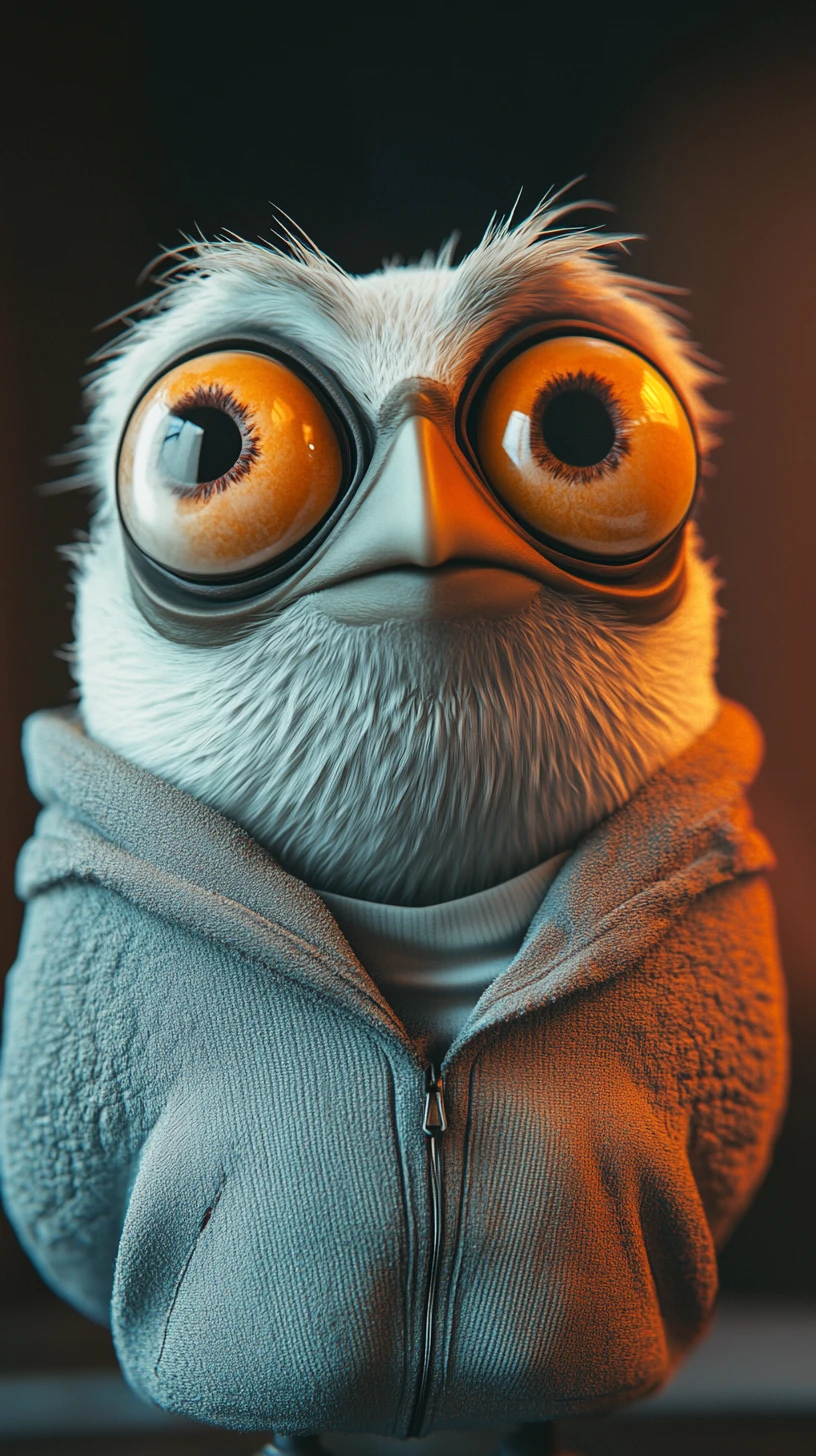 Personagem 3D antropomórfico cinematográfico com olhos expressivos e autoconfiantes