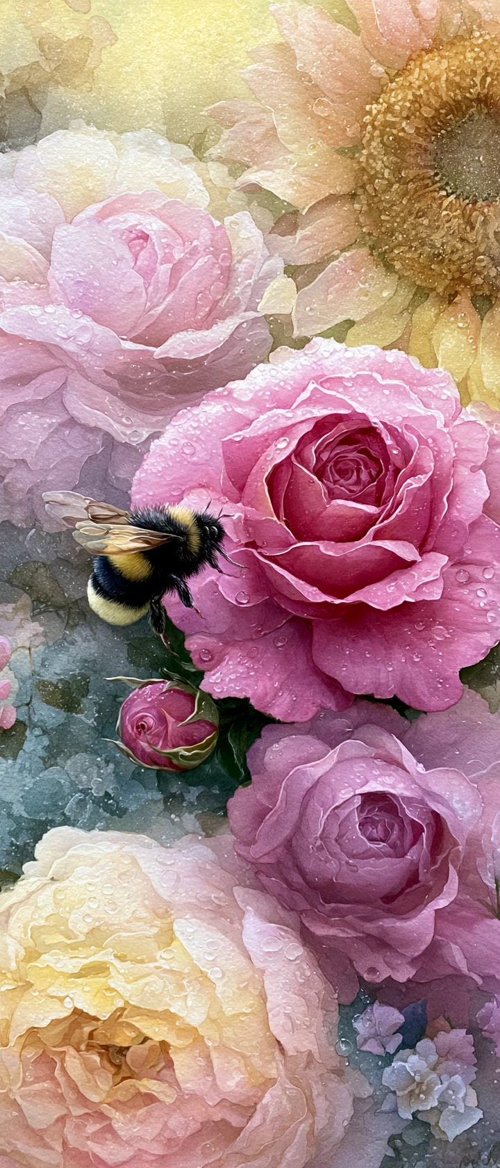 Pequeno zangão em um jardim de flores gigantes de sonho