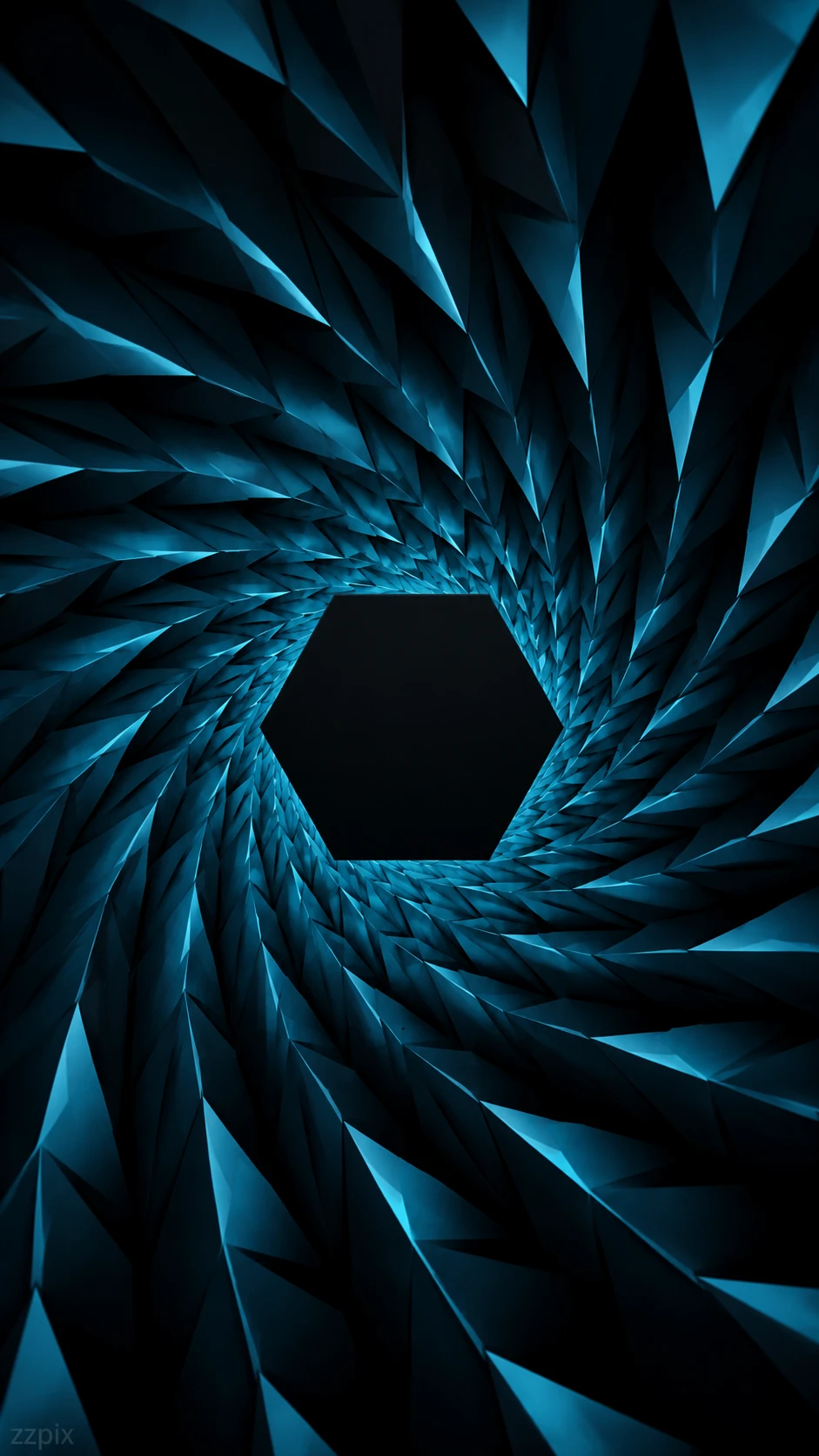 Vortice geometrico ciano che spiraleggia in un oscuro vuoto centrale