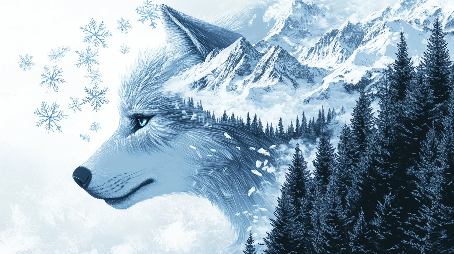 Lobo e mulher surreais formados por neve e montanhas