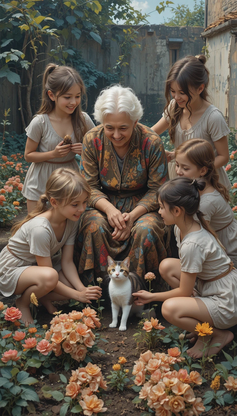 Enfants aidant une femme âgée à planter des fleurs dans un jardin