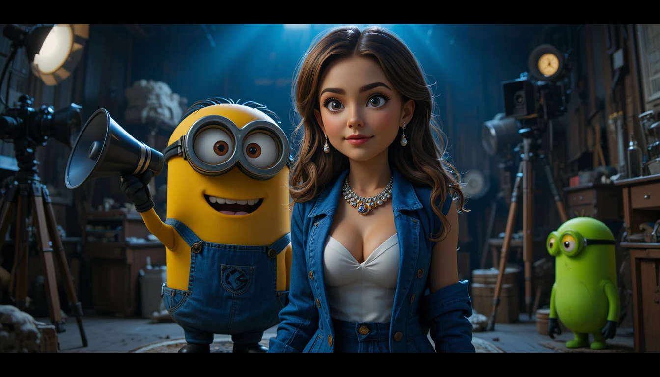 Gros plan cinématographique de Minions sur un plateau de tournage sombre