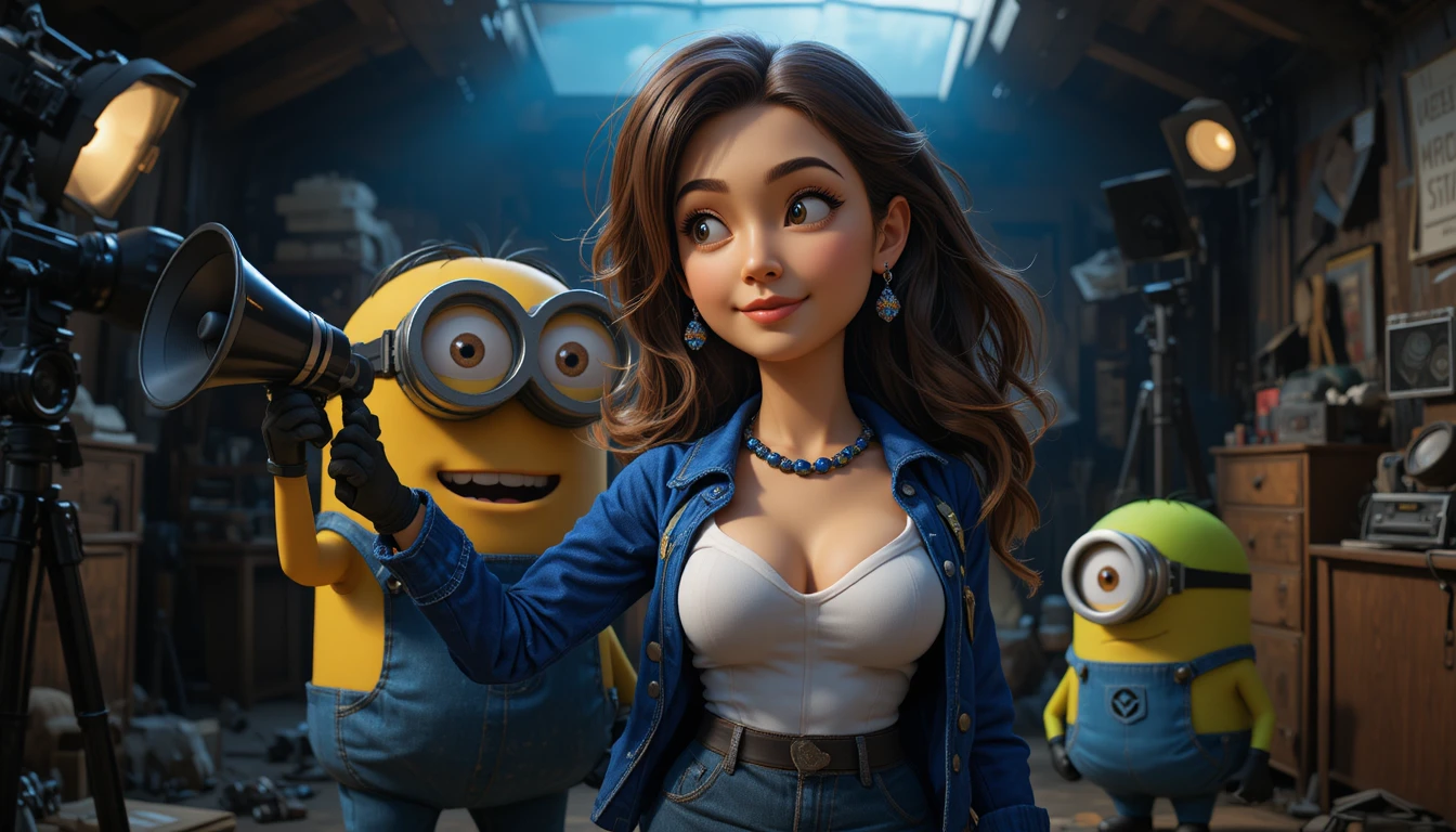 Primer plano de minions en un set de estudio de cine oscuro