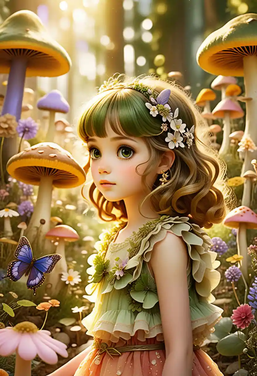 Fille curieuse explorant une forêt magique de champignons lumineux