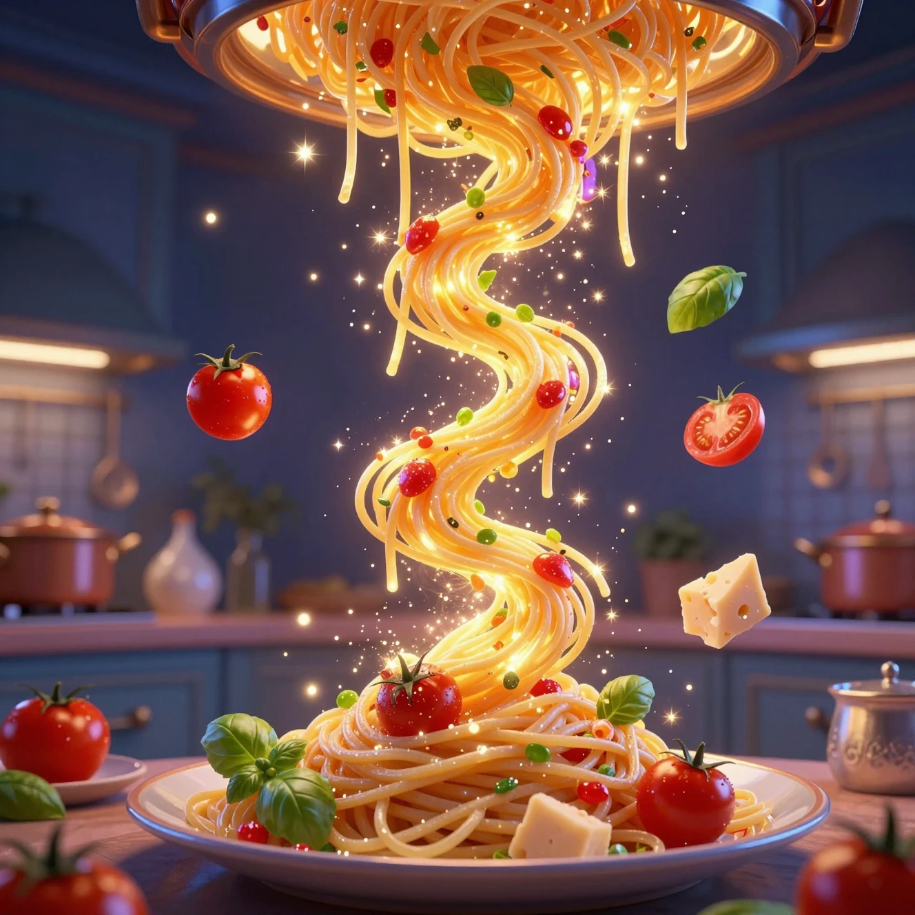 Magische Spaghetti wirbeln durch eine leuchtende Fantasieküche