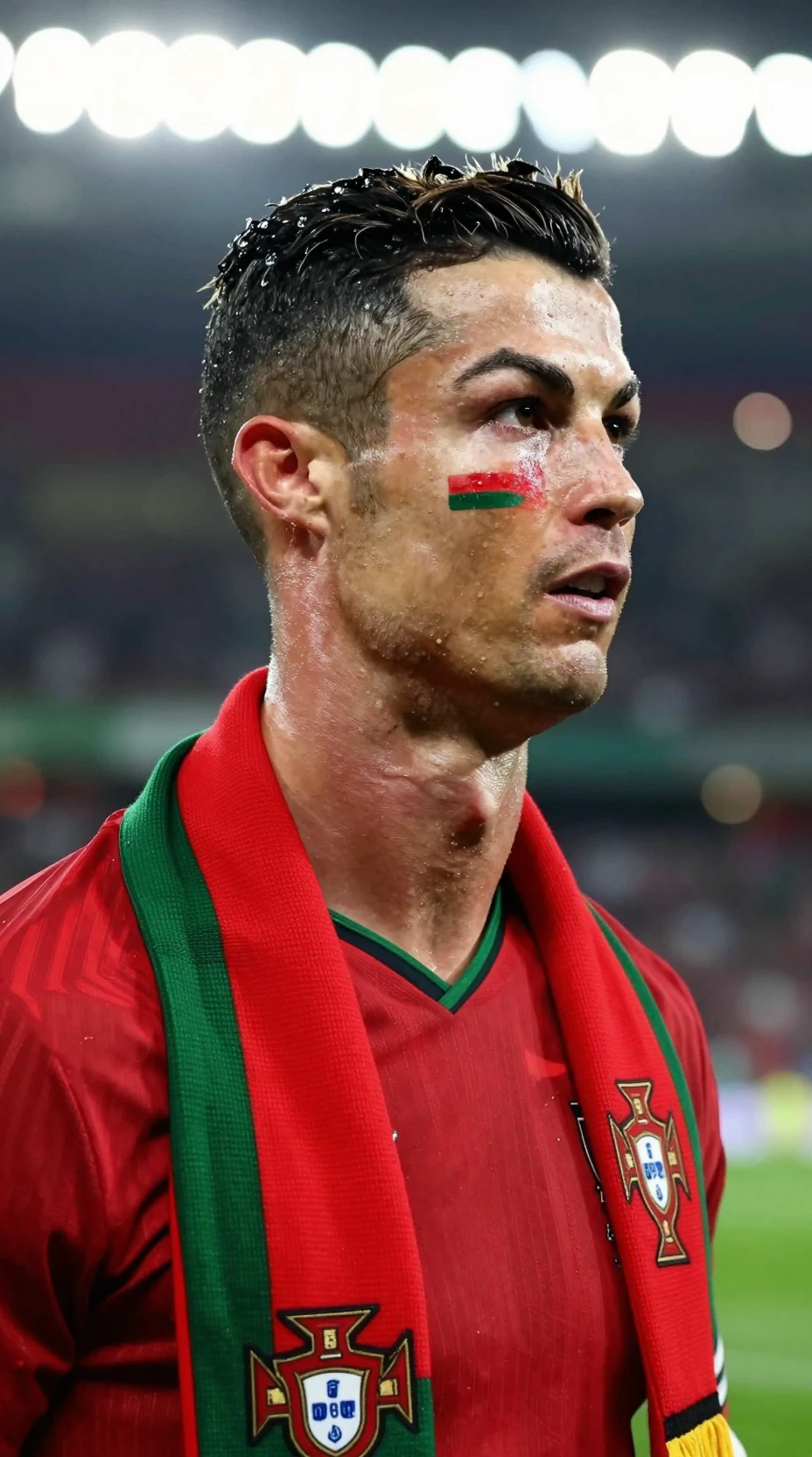 Torcedor orgulhoso de Portugal em close sob as luzes do estádio