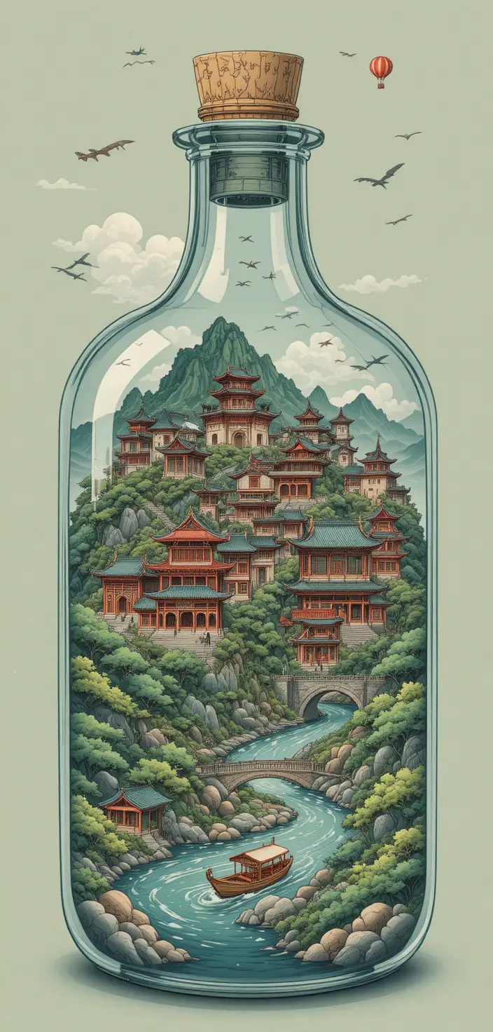 Asian miniature city with pagodas inside a glass bottle