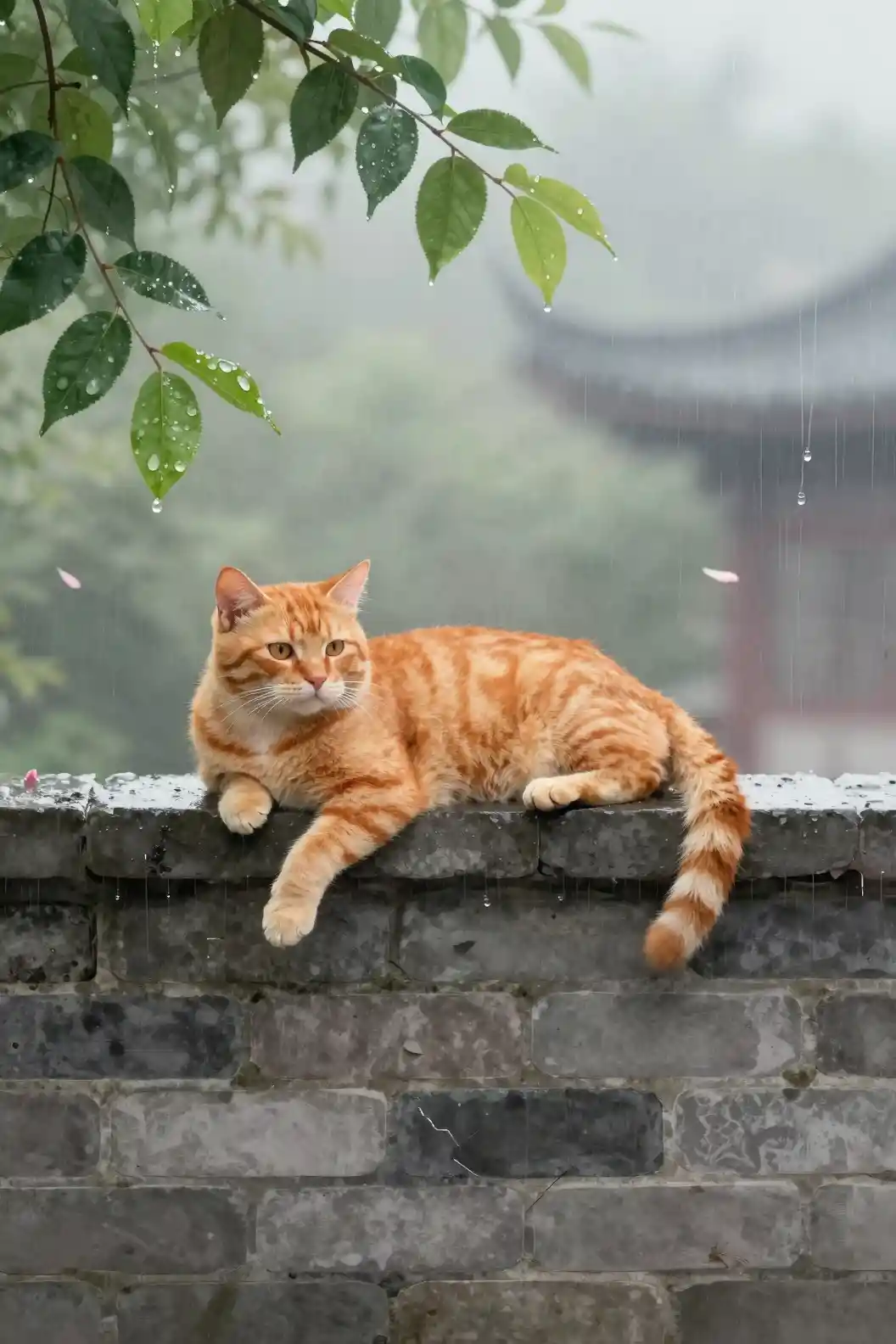Orange tabby cat resting on a grey garden wall