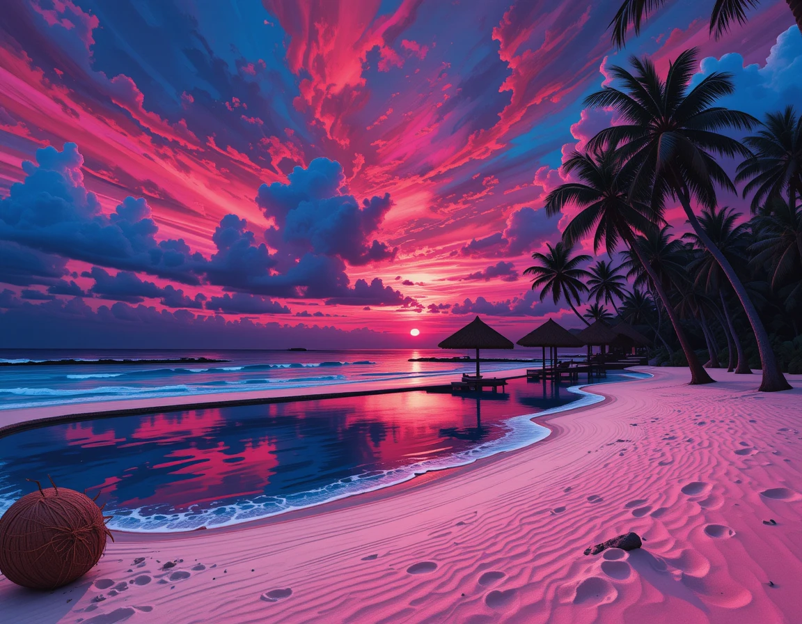 Gouache-Sonnenuntergang über einer tropischen Gezeitenküste auf den Malediven