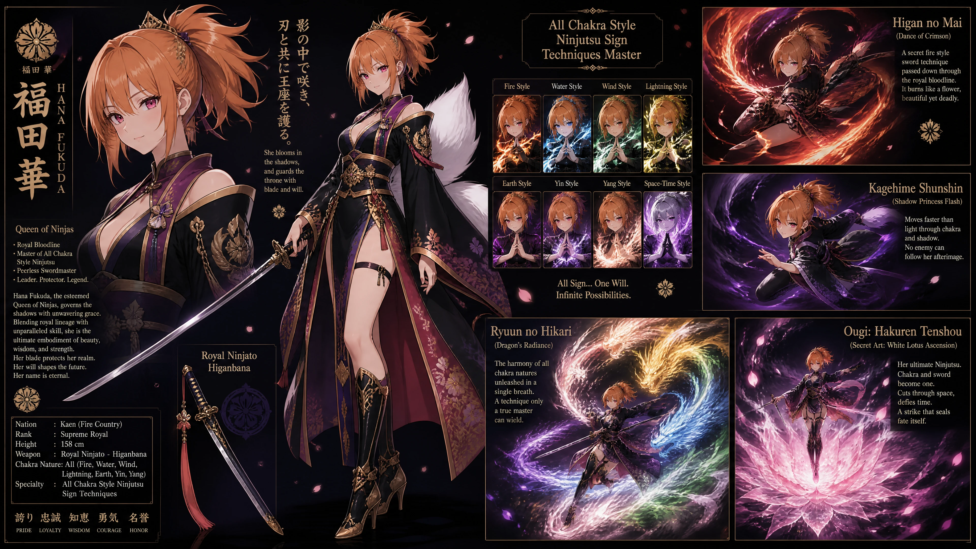 Noble reine ninja avec queue de renard blanche et ninjatō