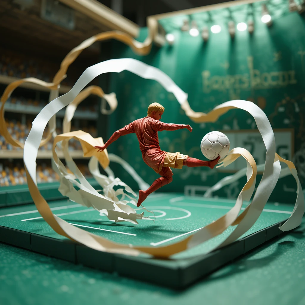 Jogador de futebol em origami fazendo uma bicicleta dramática