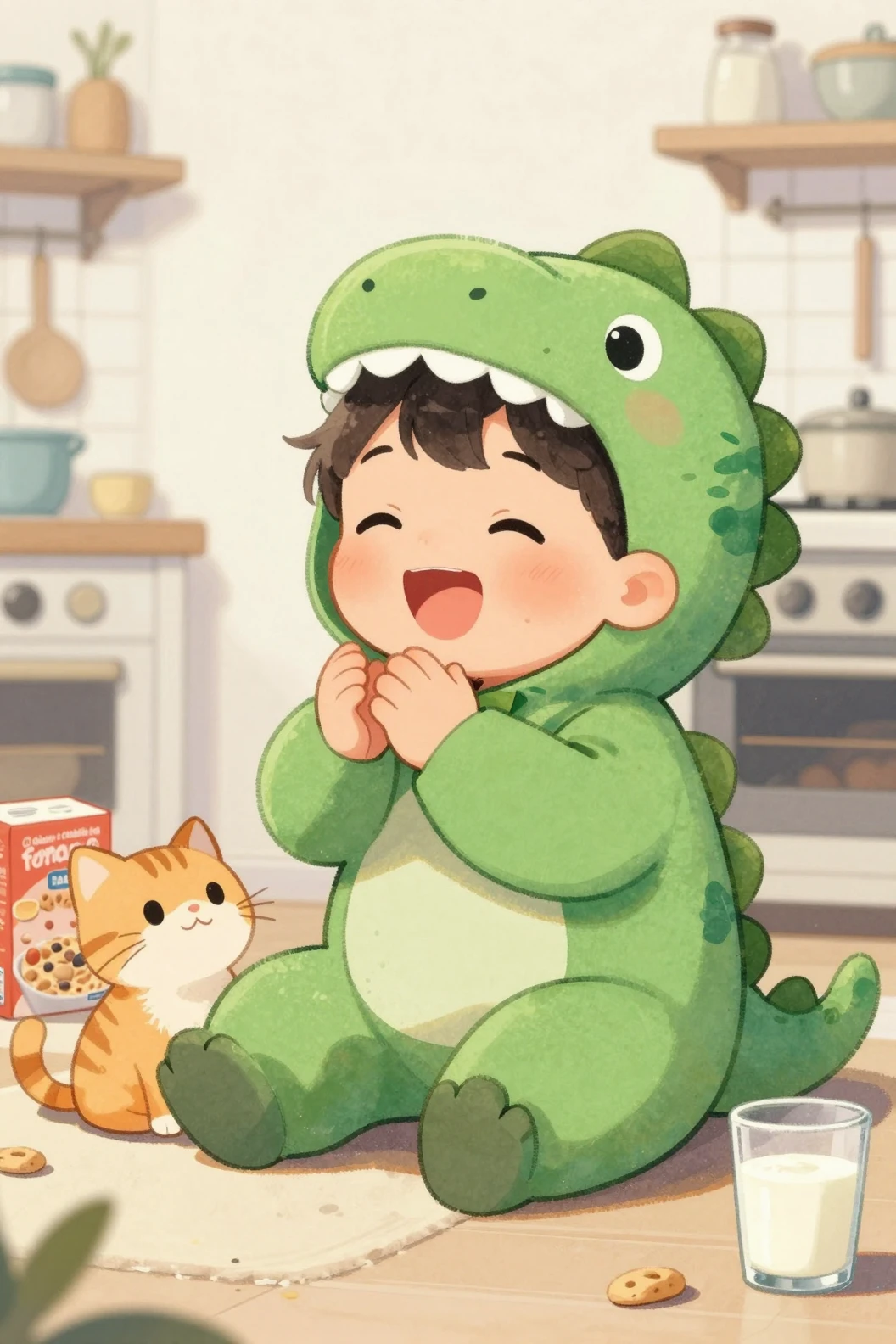 Tout-petit en costume de dinosaure vert riant sur le sol de la cuisine